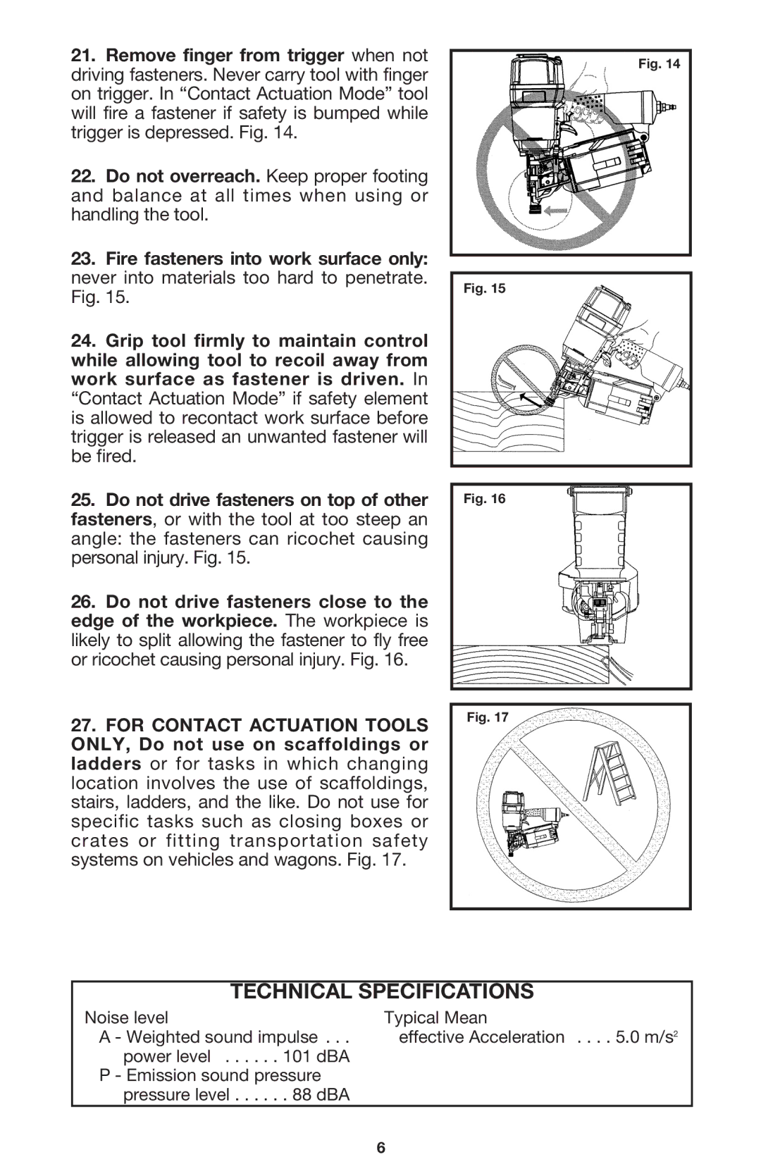 Porter-Cable COIL250 instruction manual Technical Specifications, Noise level 