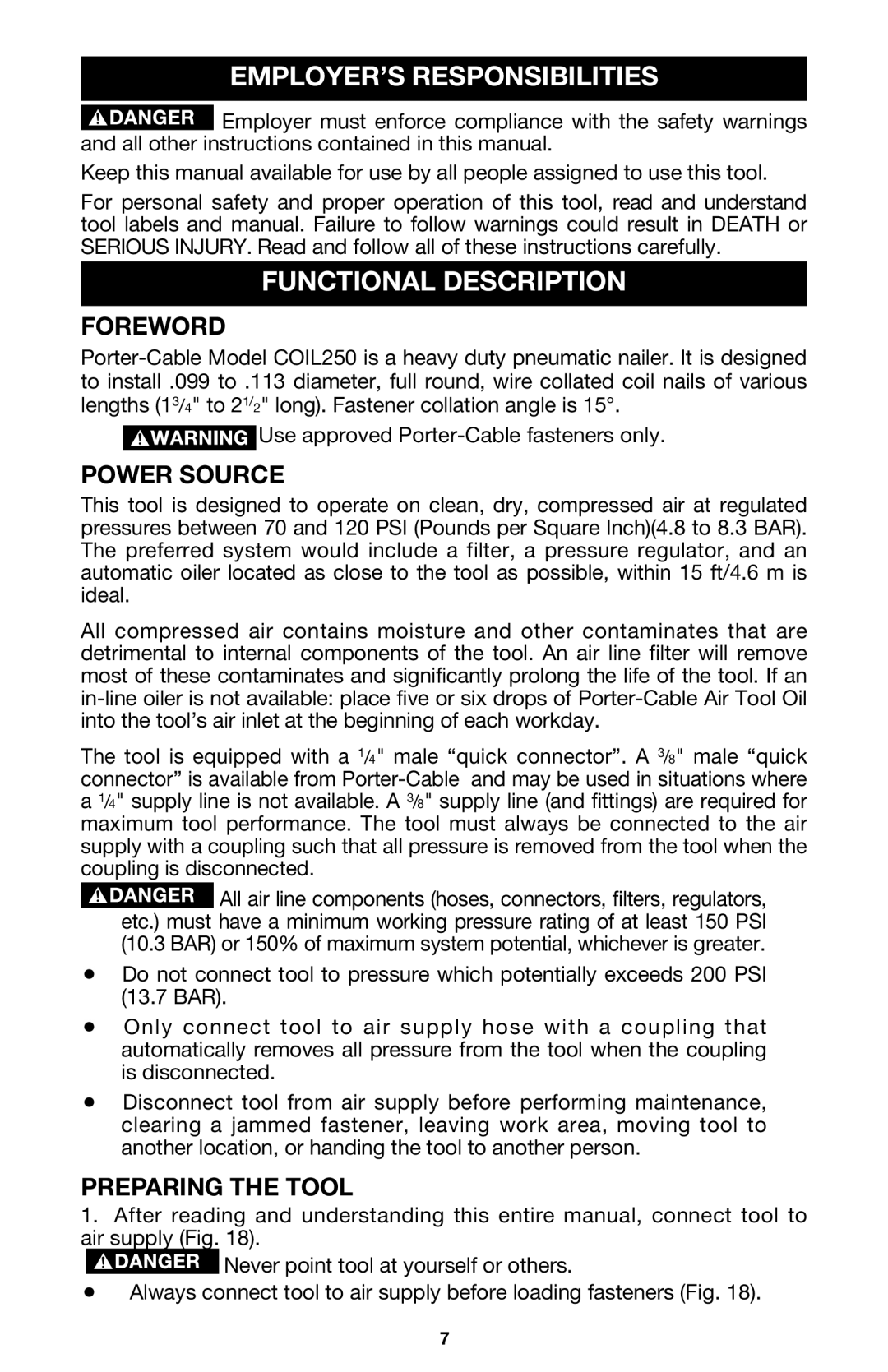 Porter-Cable COIL250 EMPLOYER’S Responsibilities, Functional Description, Foreword, Power Source, Preparing the Tool 