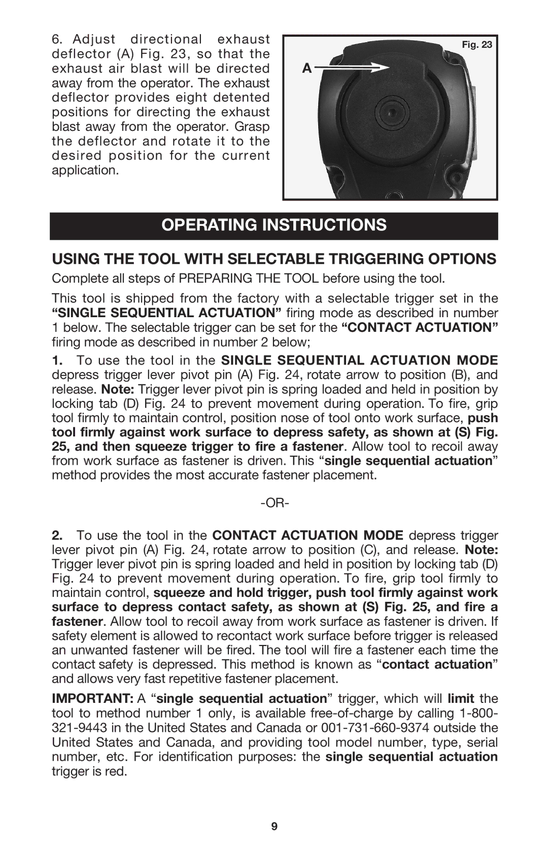 Porter-Cable COIL250 instruction manual Operating Instructions, Using the Tool with Selectable Triggering Options 