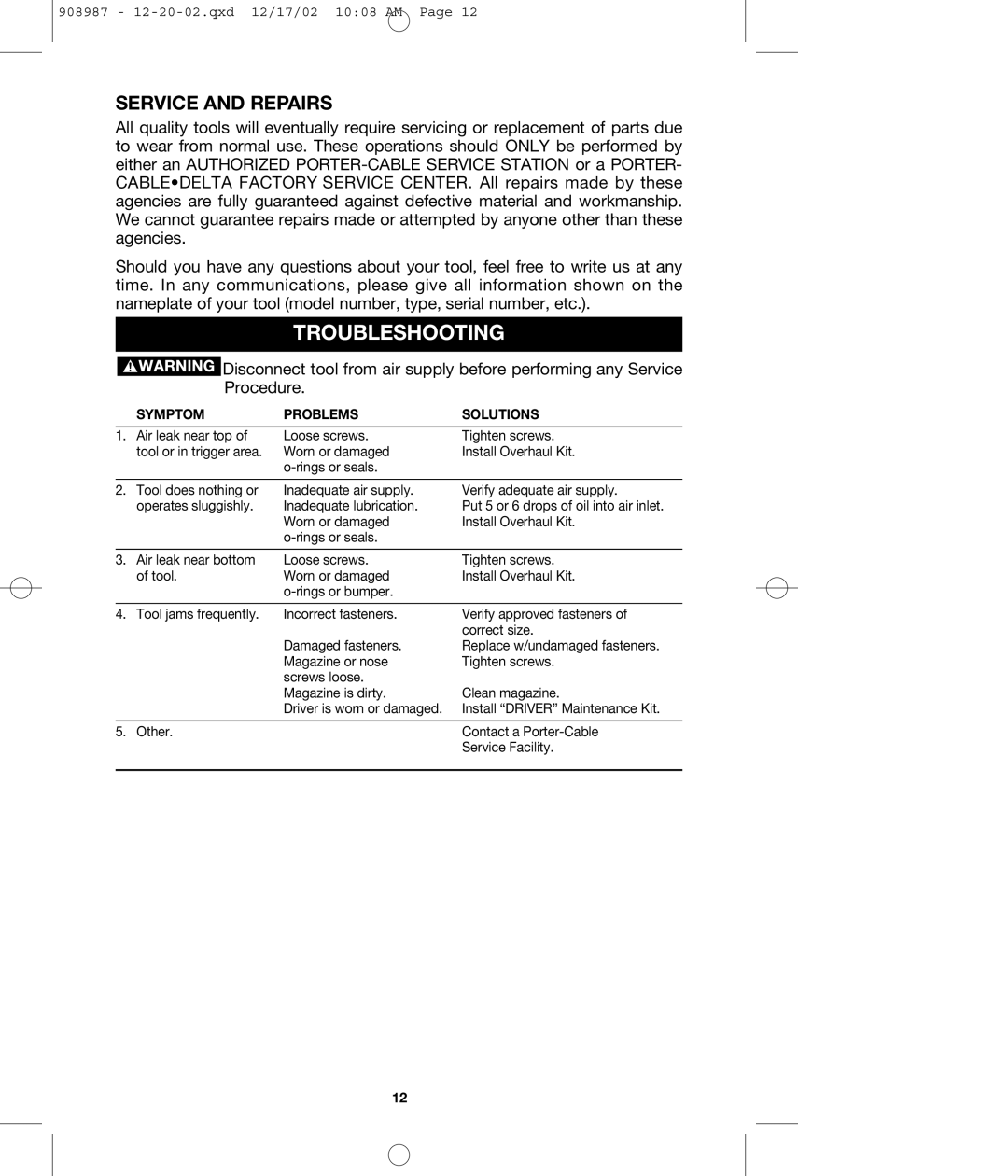 Porter-Cable COIL350 instruction manual Troubleshooting, Service and Repairs 