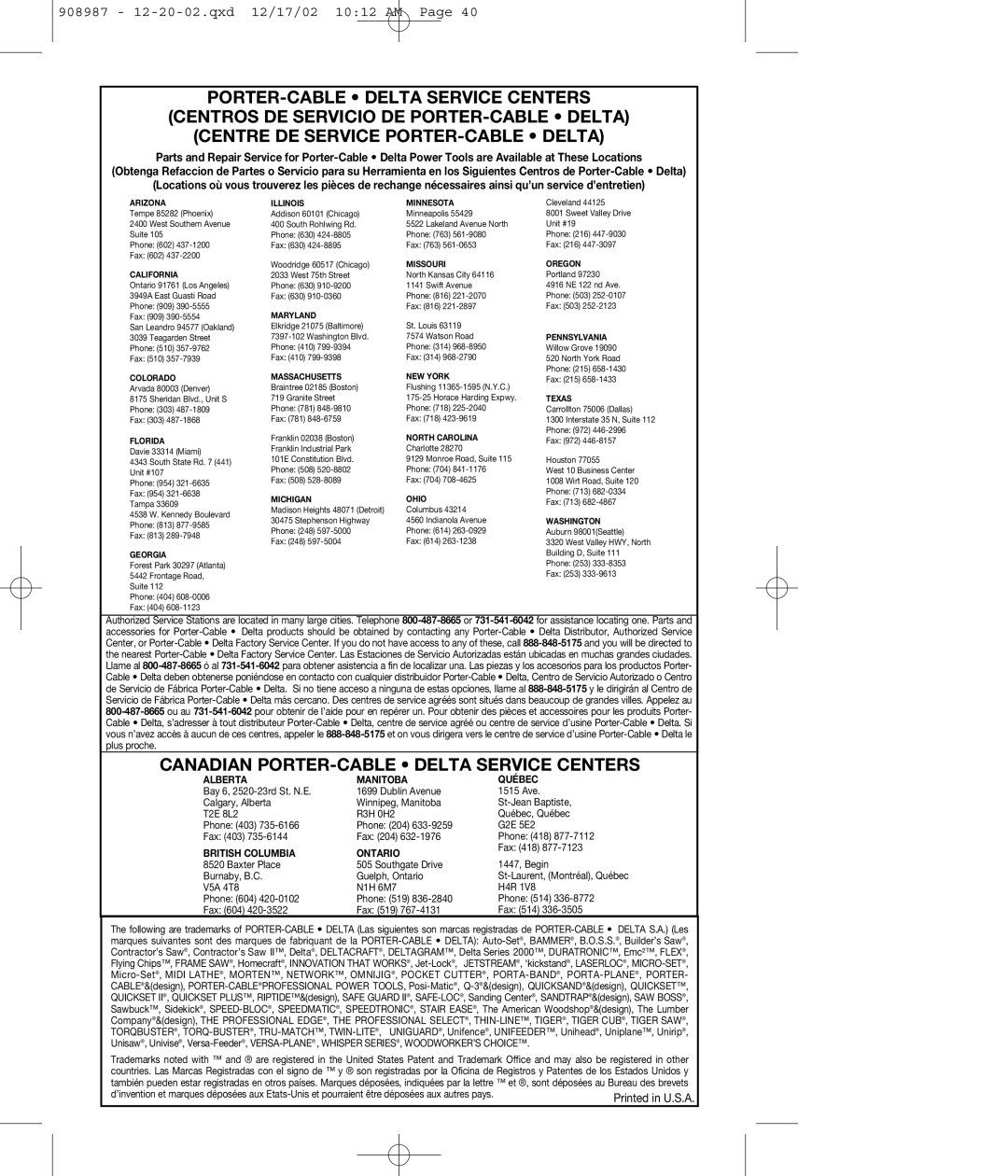 Porter-Cable COIL350 instruction manual Canadian PORTER-CABLE Delta Service Centers 