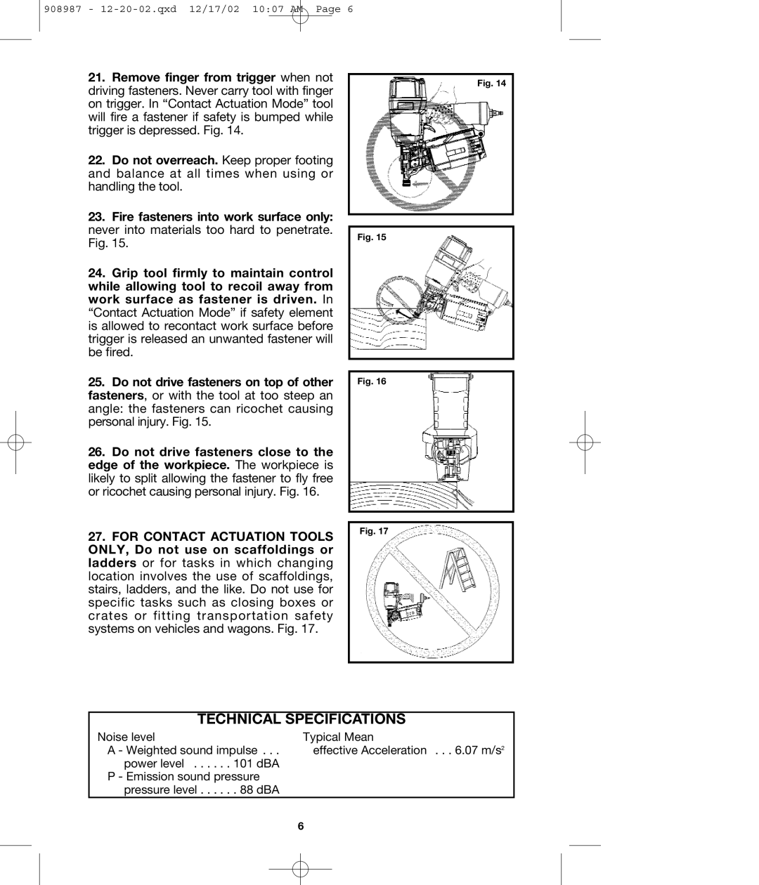 Porter-Cable COIL350 instruction manual Technical Specifications, Noise level 