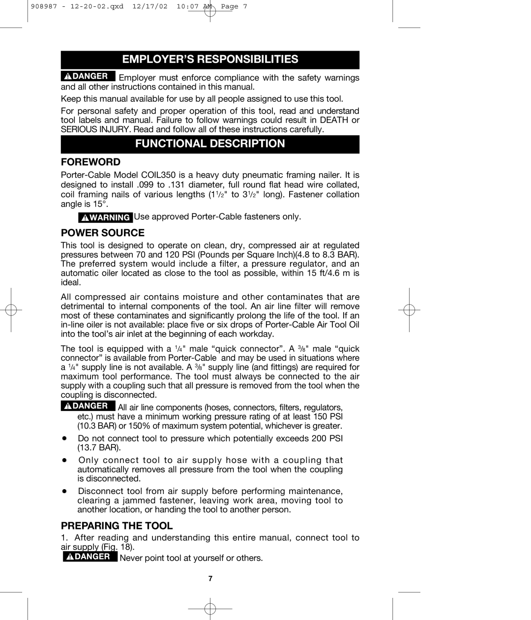 Porter-Cable COIL350 EMPLOYER’S Responsibilities, Functional Description, Foreword, Power Source, Preparing the Tool 