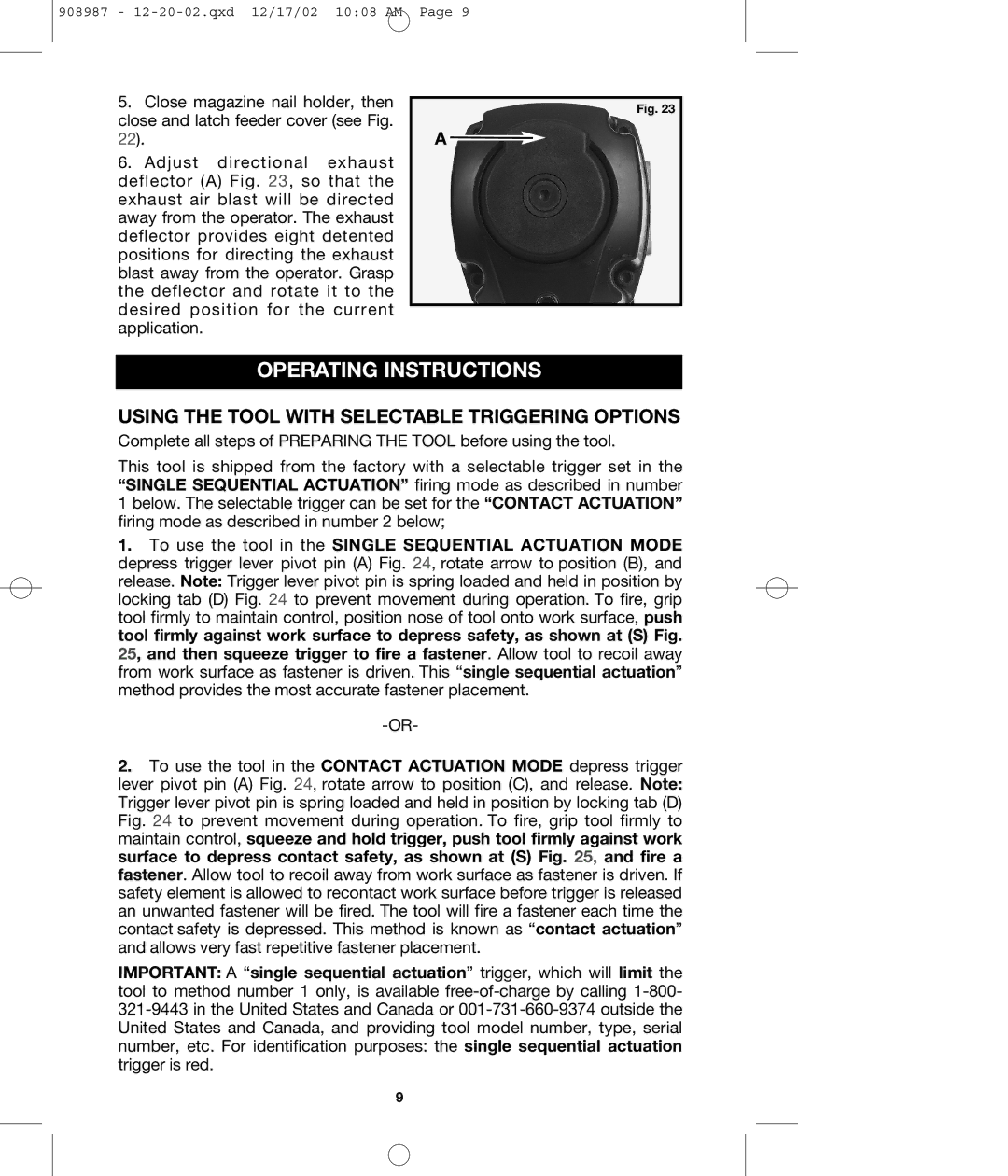 Porter-Cable COIL350 instruction manual Operating Instructions, Using the Tool with Selectable Triggering Options 