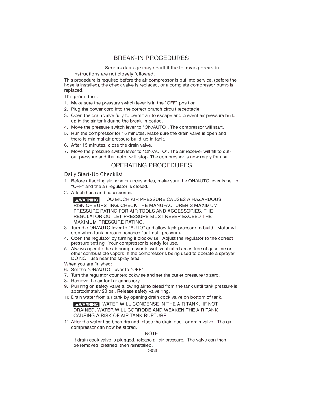 Porter-Cable CPF23400P instruction manual BREAK-IN Procedures, Operating Procedures, Daily Start-Up Checklist 