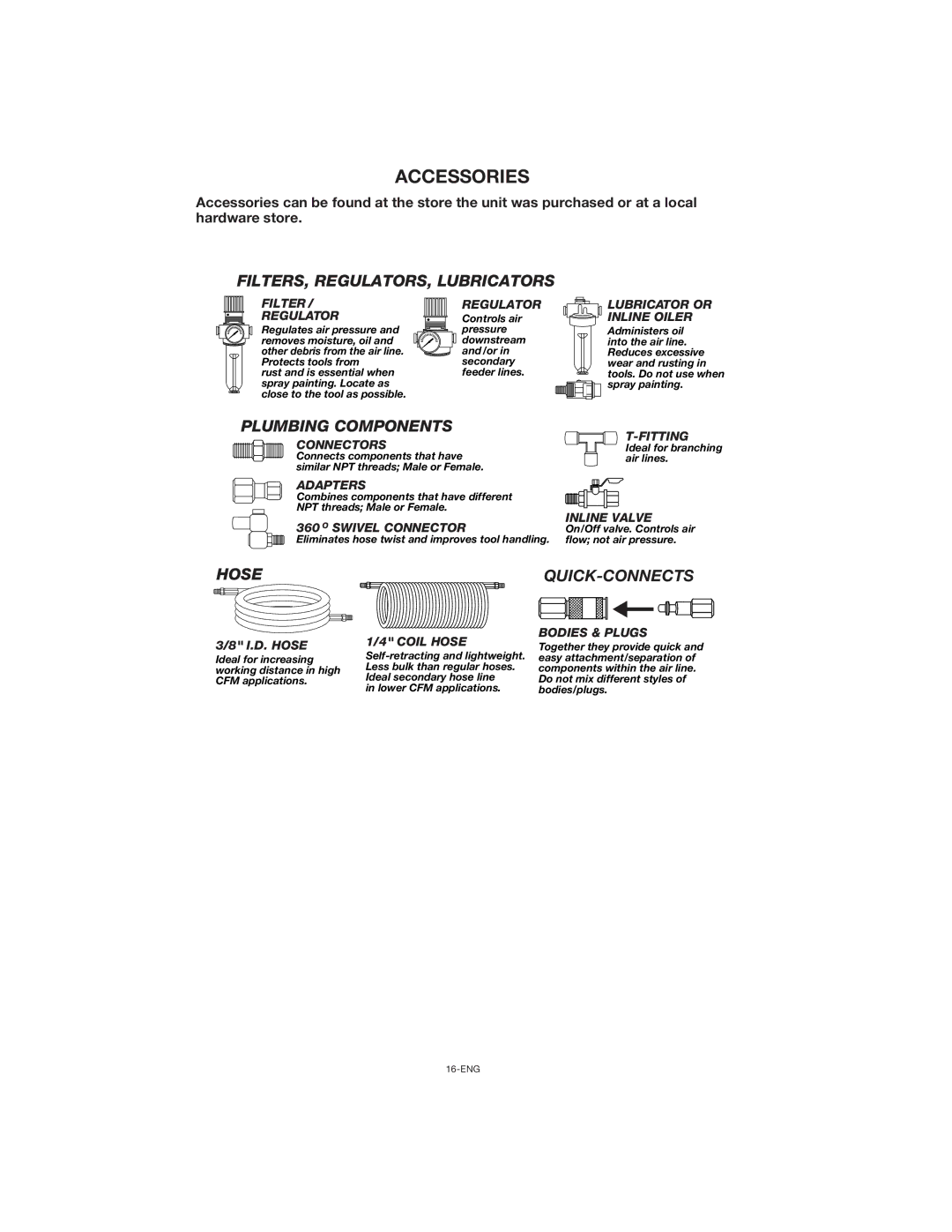 Porter-Cable CPF23400P instruction manual Accessories, FILTERS, REGULATORS, Lubricators 