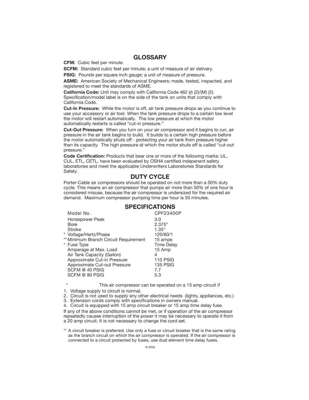 Porter-Cable instruction manual Glossary, Duty Cycle, Specifications, Model No CPF23400P 