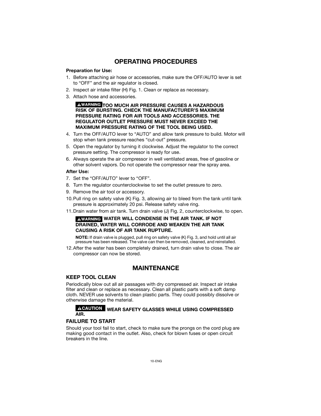 Porter-Cable CPF23400S instruction manual Operating Procedures, Maintenance, Preparation for Use, After Use 