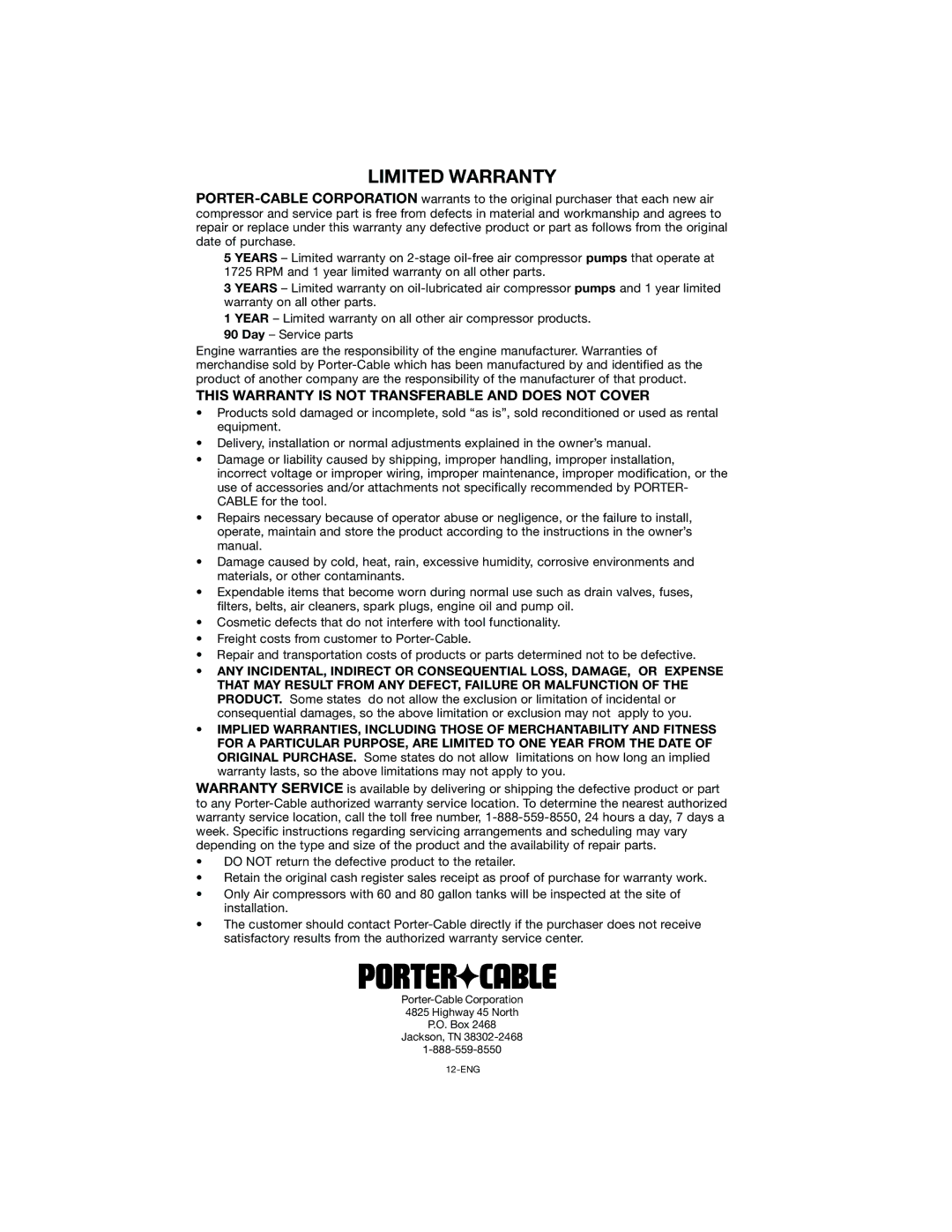 Porter-Cable CPF23400S instruction manual Limited Warranty, This Warranty is not Transferable and does not Cover 