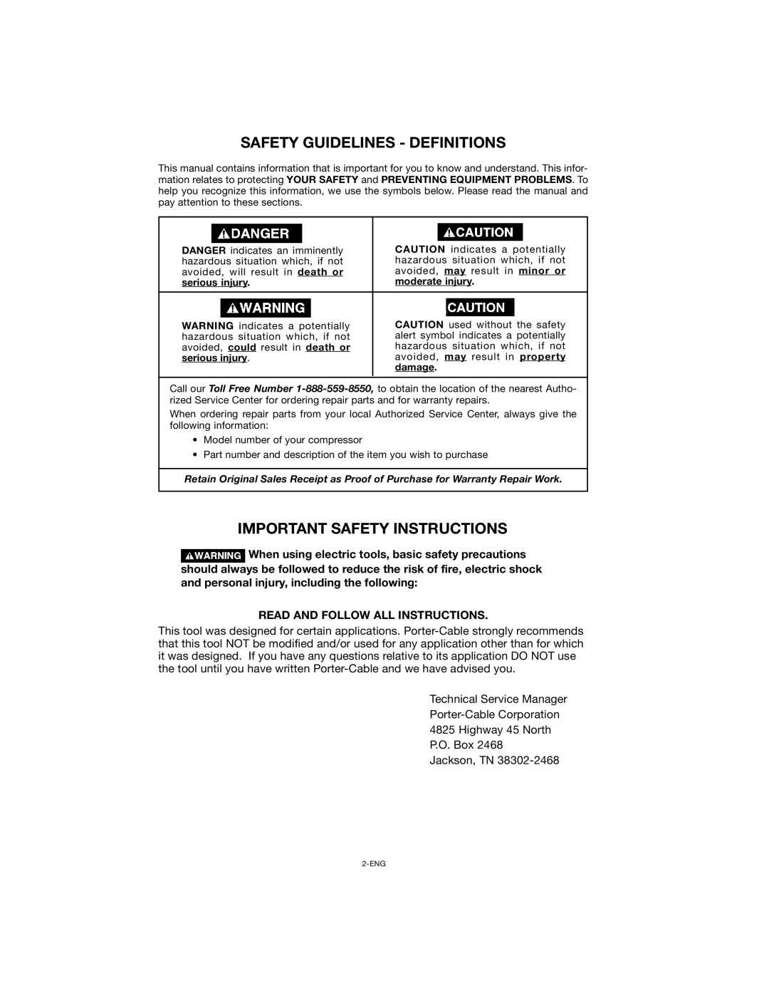 Porter-Cable CPF23400S Safety Guidelines Definitions, Important Safety Instructions, Read and Follow ALL Instructions 