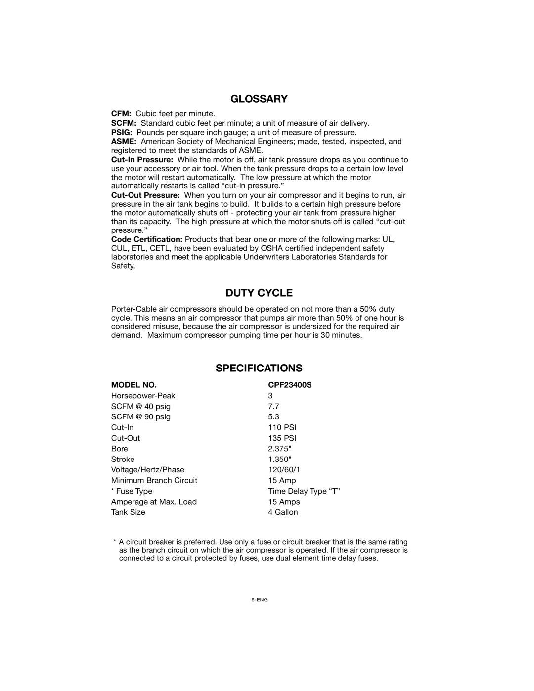 Porter-Cable CPF23400S instruction manual Glossary, Duty Cycle, Specifications, Model no 