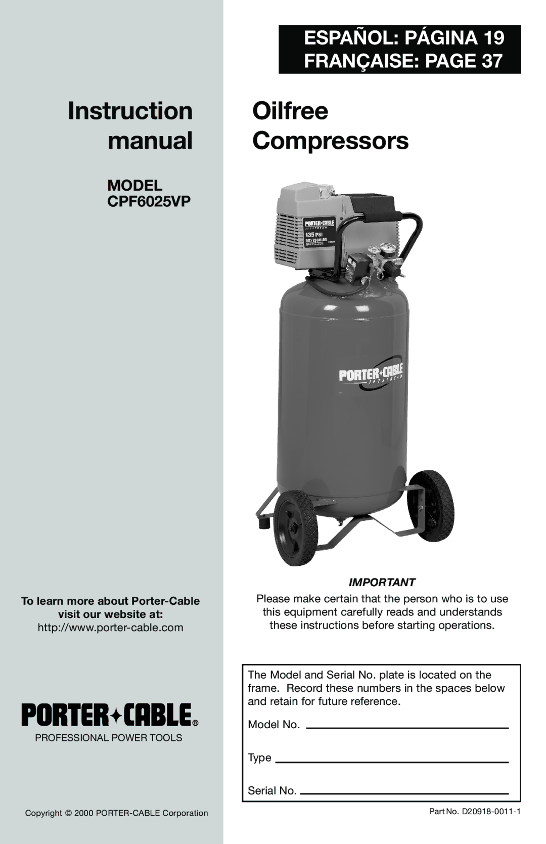 Porter-Cable CPF6025VP instruction manual Instruction Oilfree Manual Compressors 