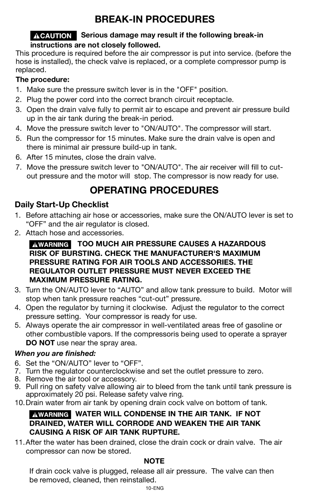 Porter-Cable CPF6025VP instruction manual BREAK-IN Procedures, Operating Procedures, Daily Start-Up Checklist 