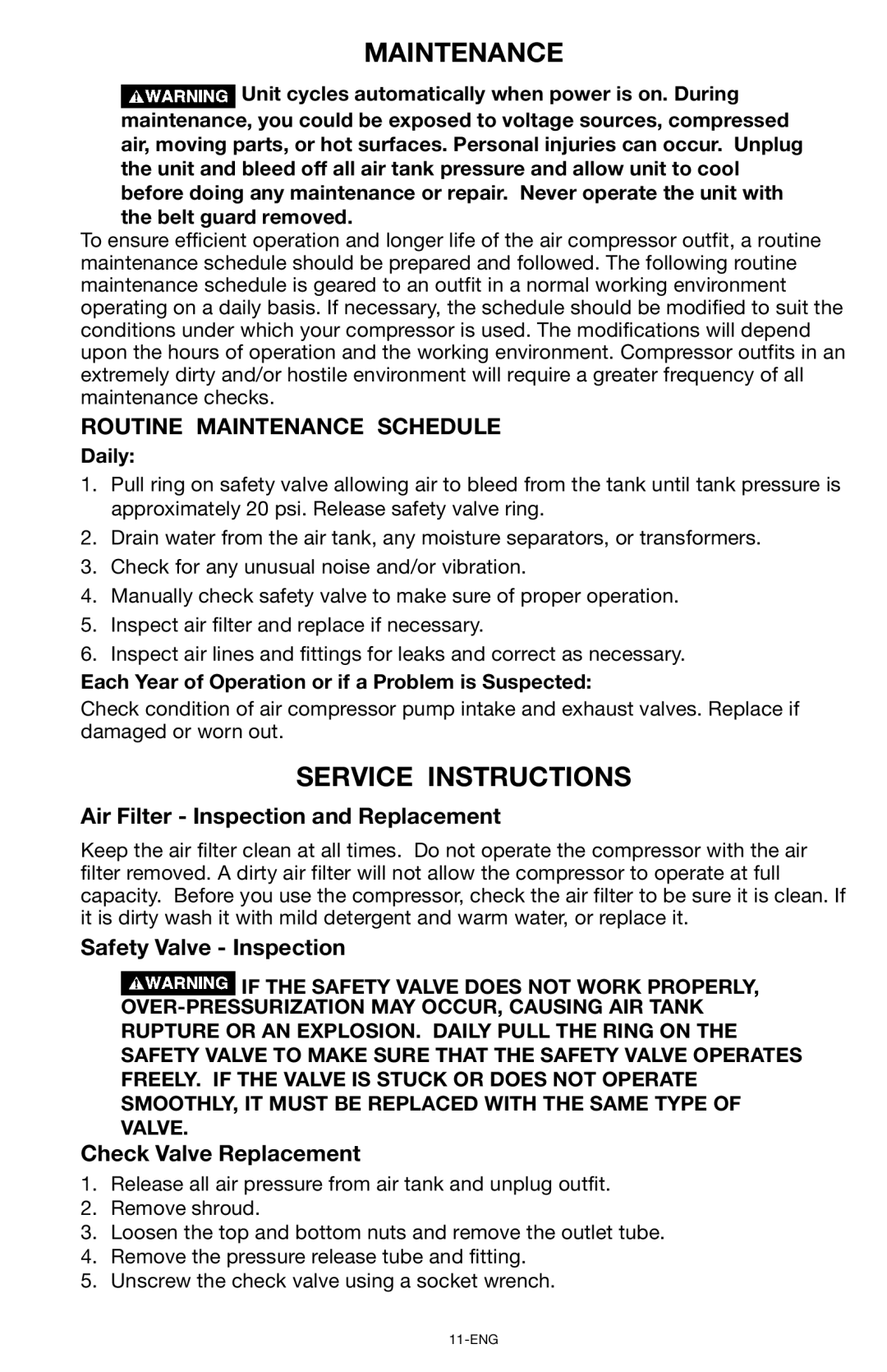 Porter-Cable CPF6025VP Maintenance, Service Instructions, Air Filter Inspection and Replacement, Safety Valve Inspection 