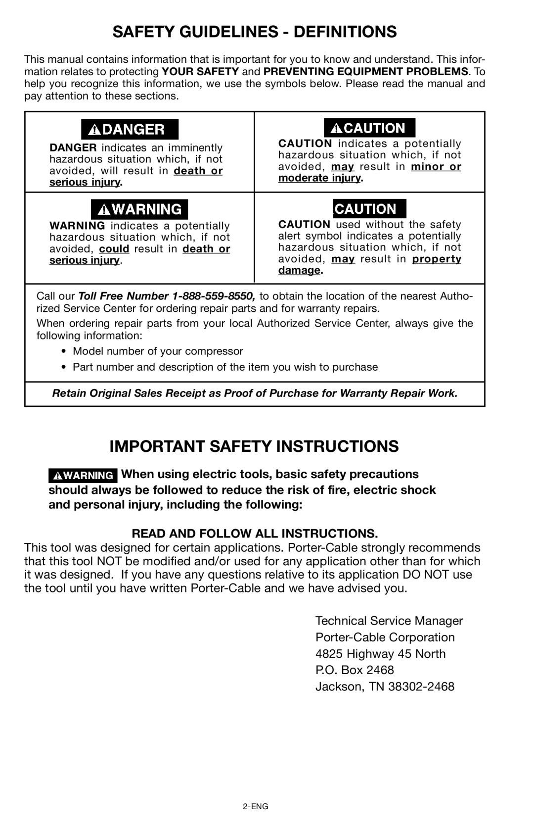 Porter-Cable CPF6025VP Safety Guidelines Definitions, Important Safety Instructions, Read and Follow ALL Instructions 