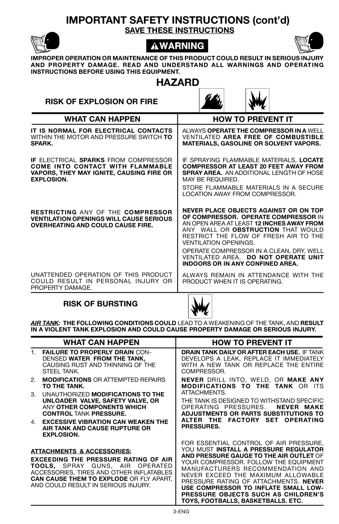 Porter-Cable CPF6025VP Hazard, Risk of Explosion or Fire What can Happen HOW to Prevent IT, Risk of Bursting 