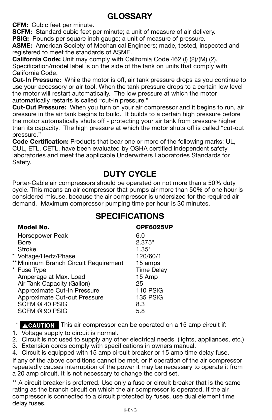 Porter-Cable CPF6025VP instruction manual Glossary, Duty Cycle, Specifications 