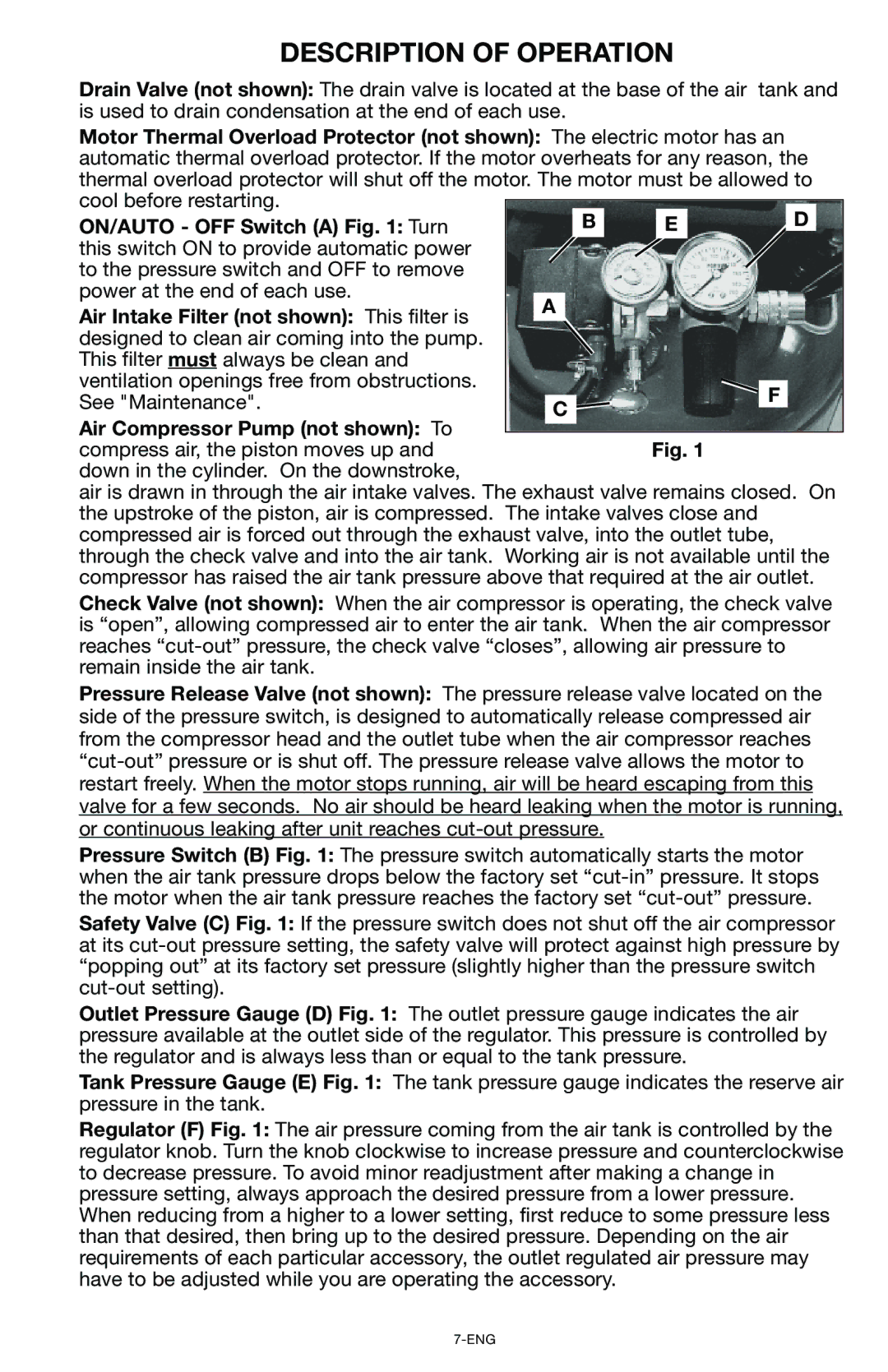 Porter-Cable CPF6025VP instruction manual Description of Operation, Air Intake Filter not shown This filter is 