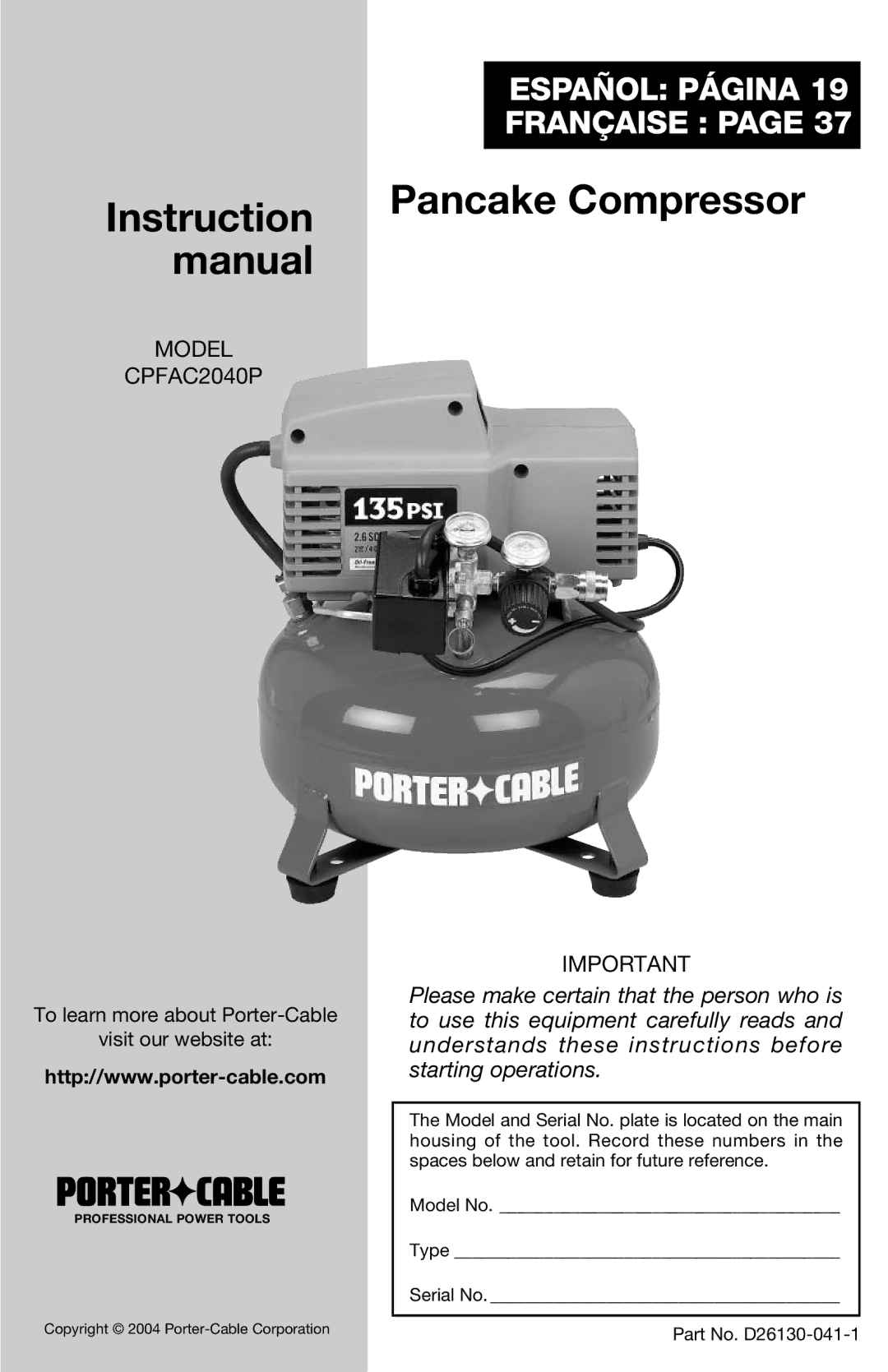 Porter-Cable CPFAC2040P instruction manual Pancake Compressor 