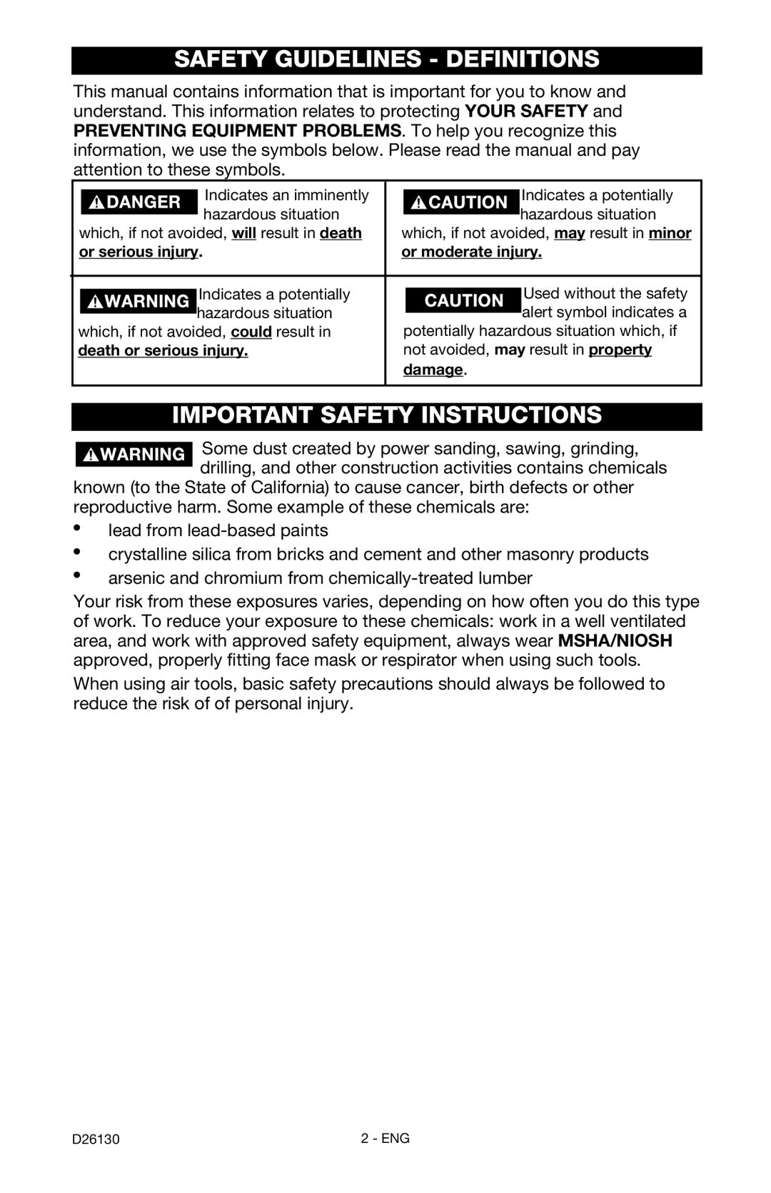 Porter-Cable CPFAC2040P instruction manual Safety Guidelines Definitions, Important Safety Instructions 