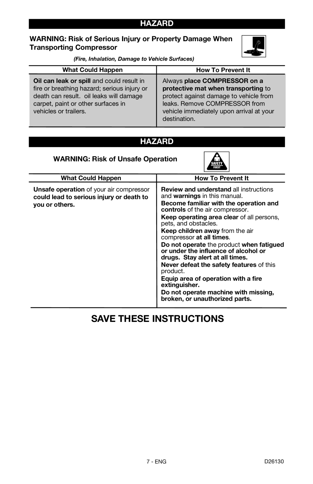 Porter-Cable CPFAC2040P instruction manual Fire, Inhalation, Damage to Vehicle Surfaces 