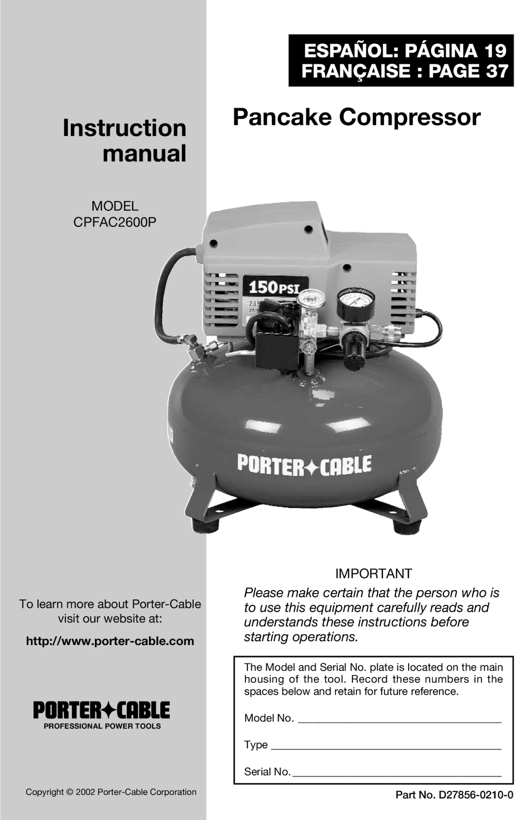 Porter-Cable CPFAC2600P instruction manual Pancake Compressor 