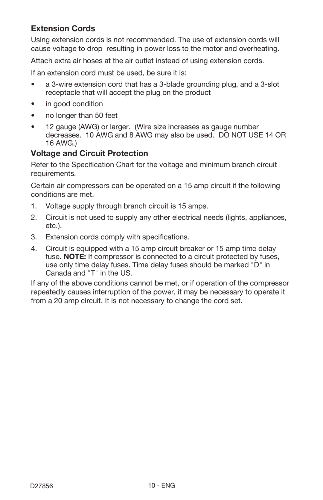 Porter-Cable CPFAC2600P instruction manual Extension Cords, Voltage and Circuit Protection 