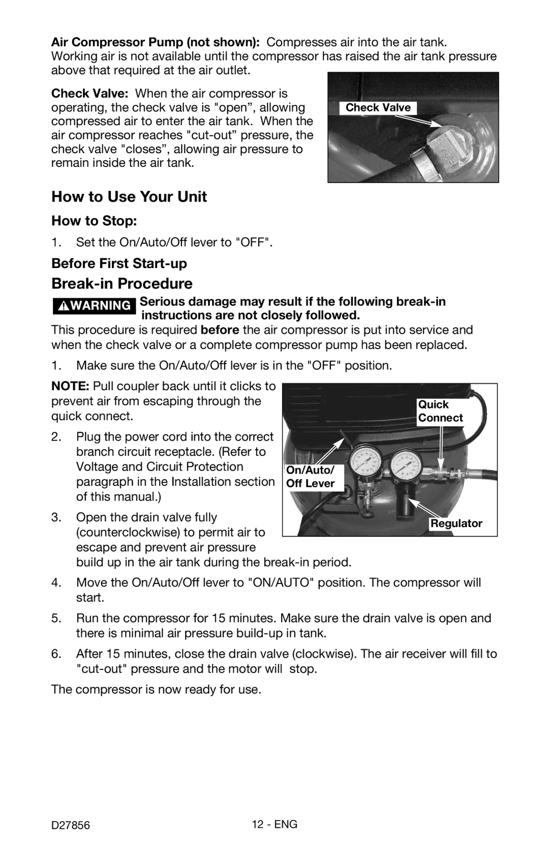 Porter-Cable CPFAC2600P instruction manual How to Stop, Before First Start-up 