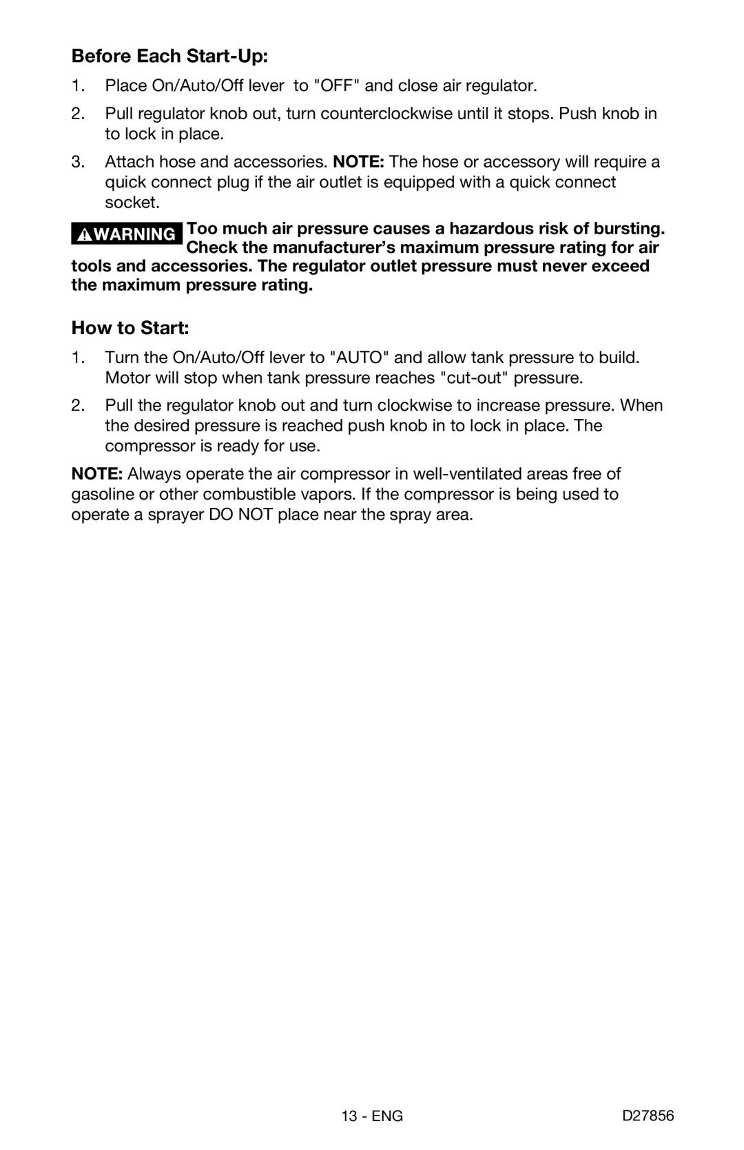 Porter-Cable CPFAC2600P instruction manual Before Each Start-Up, How to Start 