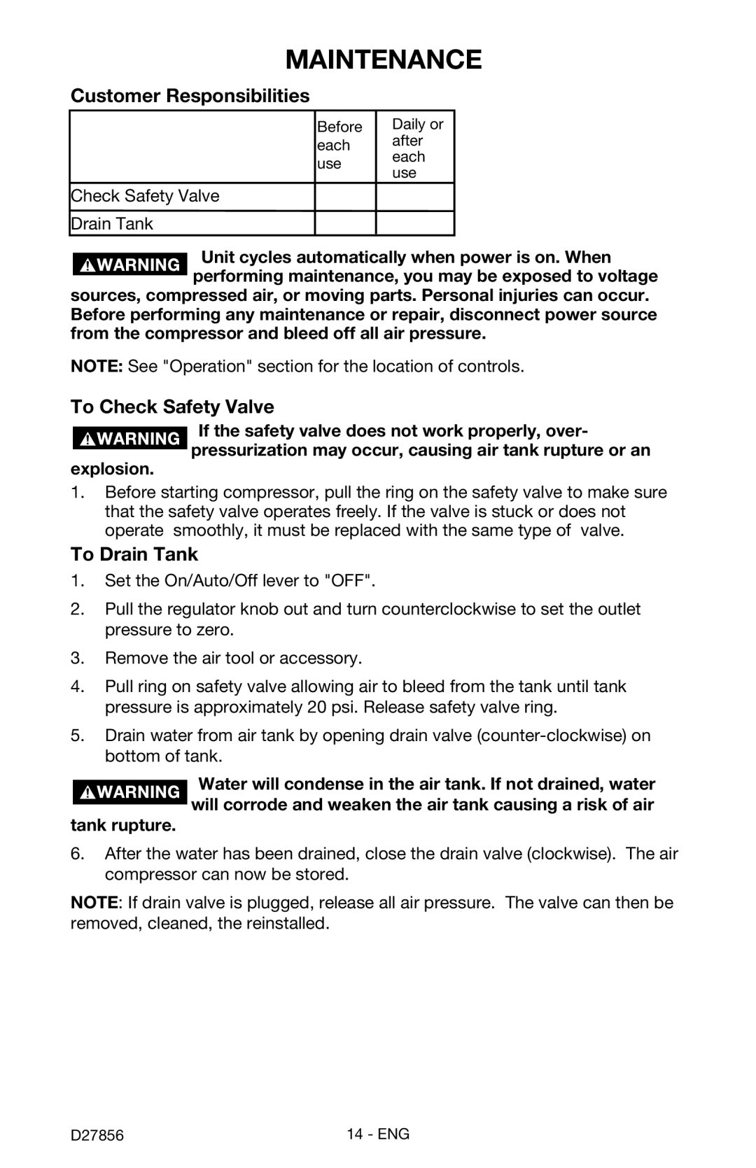 Porter-Cable CPFAC2600P instruction manual Customer Responsibilities, To Check Safety Valve, To Drain Tank 