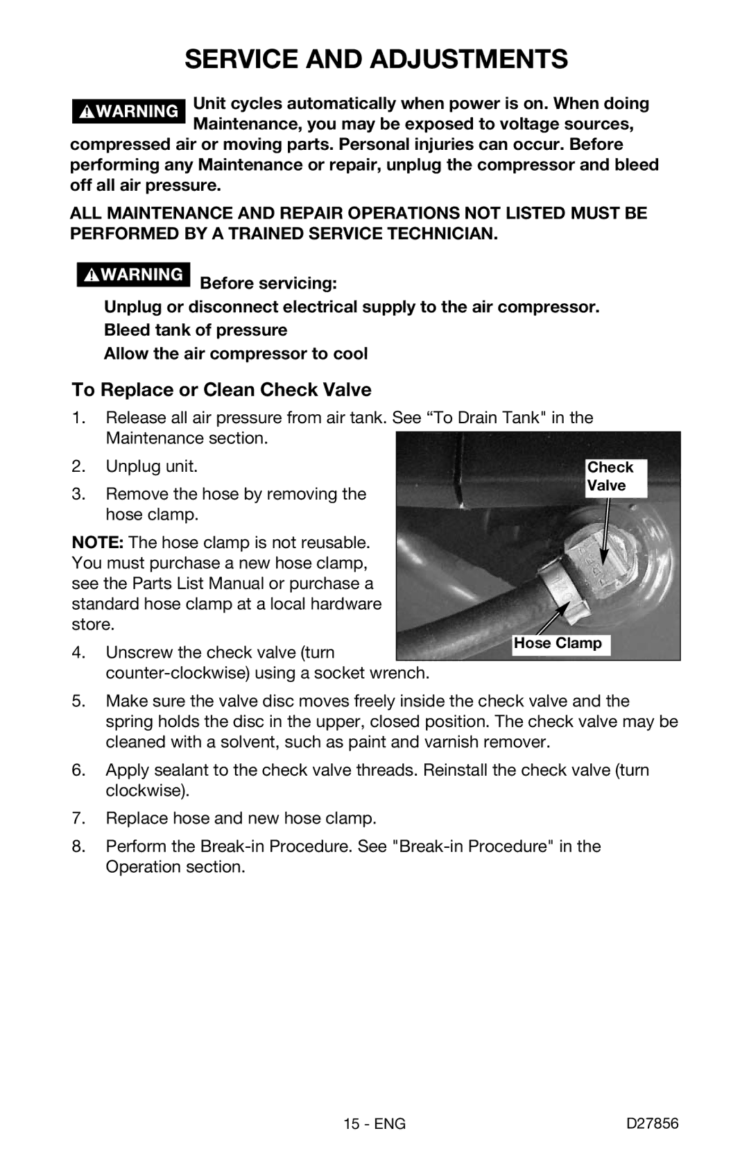 Porter-Cable CPFAC2600P instruction manual To Replace or Clean Check Valve, Hose Clamp 