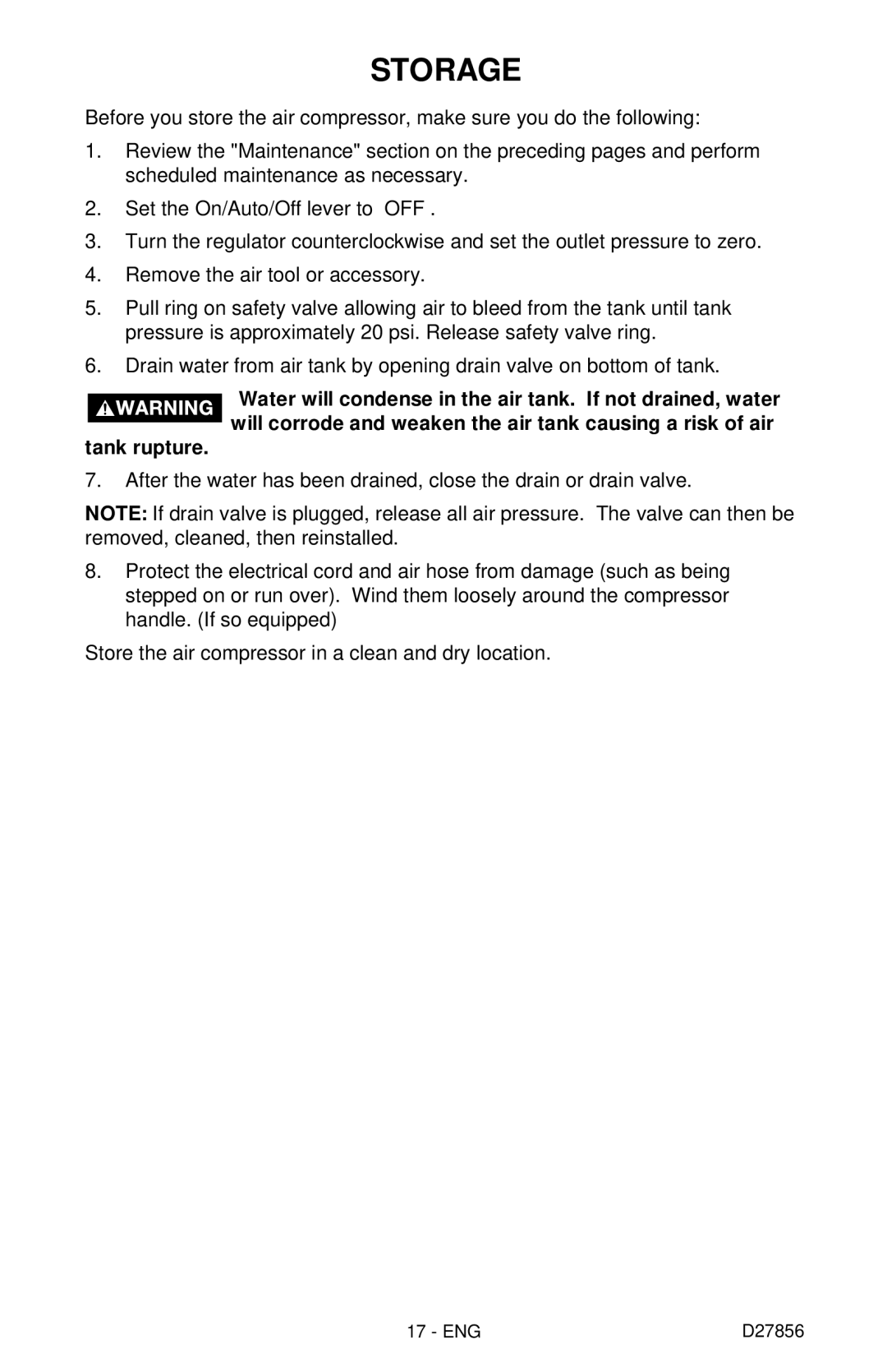 Porter-Cable CPFAC2600P instruction manual Storage 