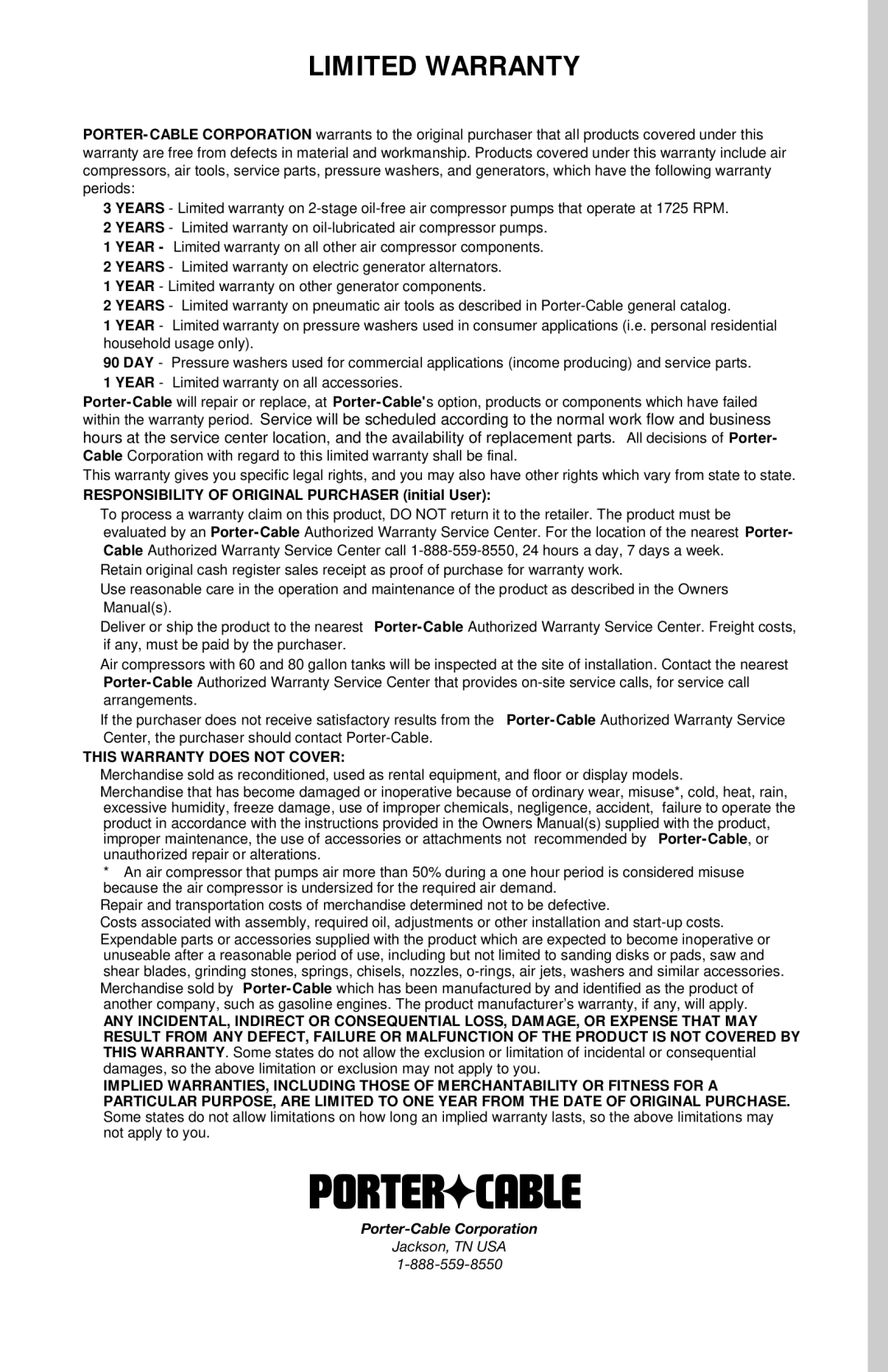 Porter-Cable CPFAC2600P instruction manual Limited Warranty, This Warranty does not Cover 