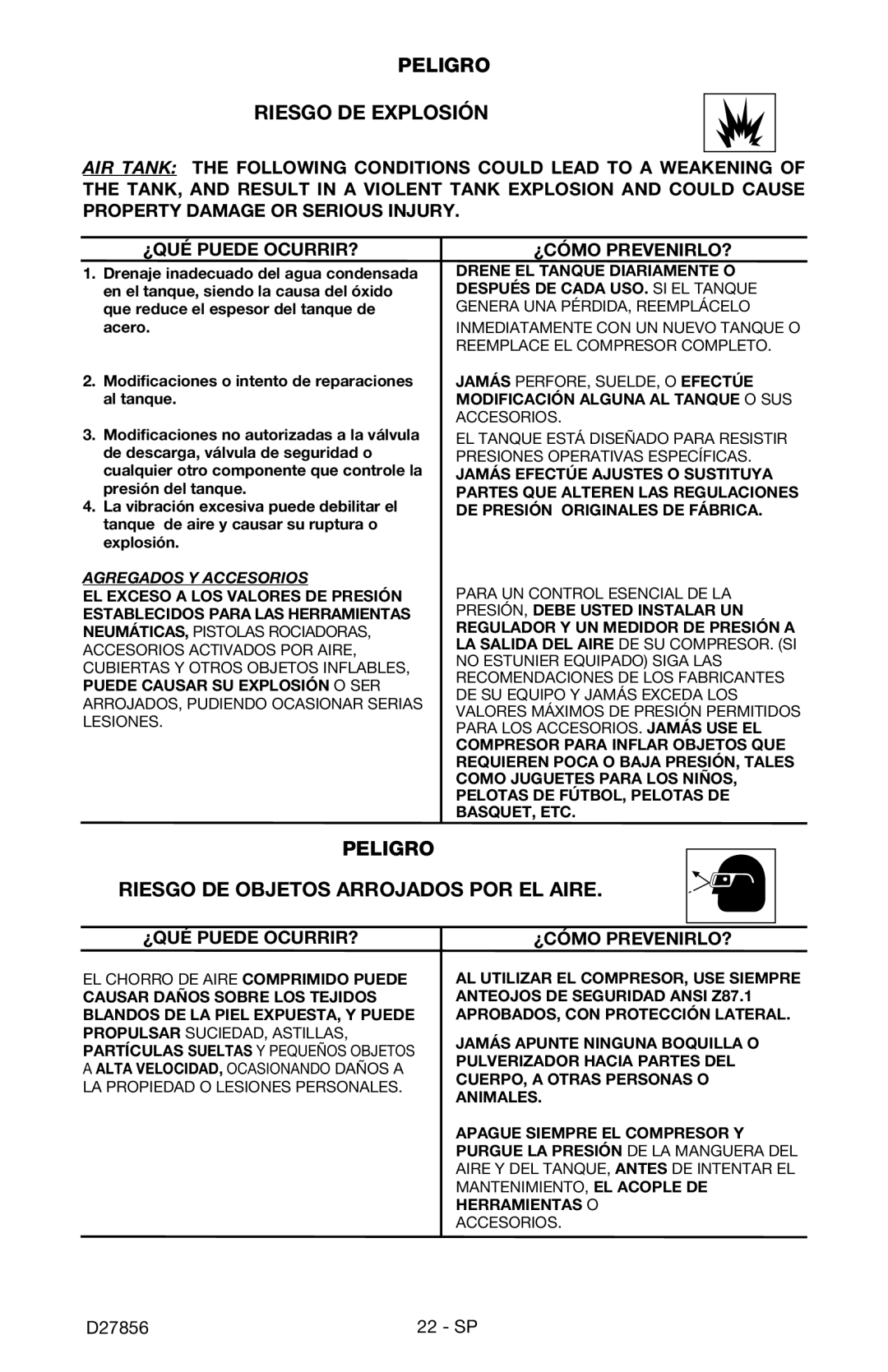 Porter-Cable CPFAC2600P instruction manual Peligro Riesgo DE Explosión, Peligro Riesgo DE Objetos Arrojados POR EL Aire 