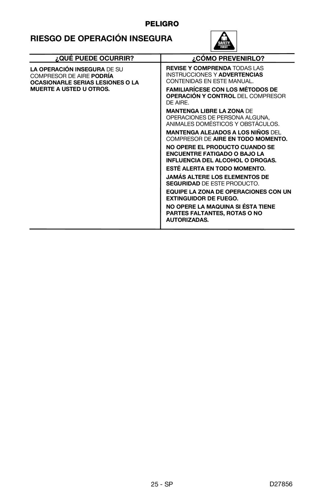 Porter-Cable CPFAC2600P instruction manual Riesgo DE Operación Insegura 