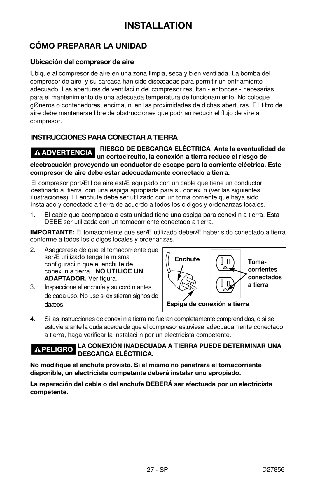 Porter-Cable CPFAC2600P Cómo Preparar LA Unidad, Ubicación del compresor de aire, Instrucciones Para Conectar a Tierra 