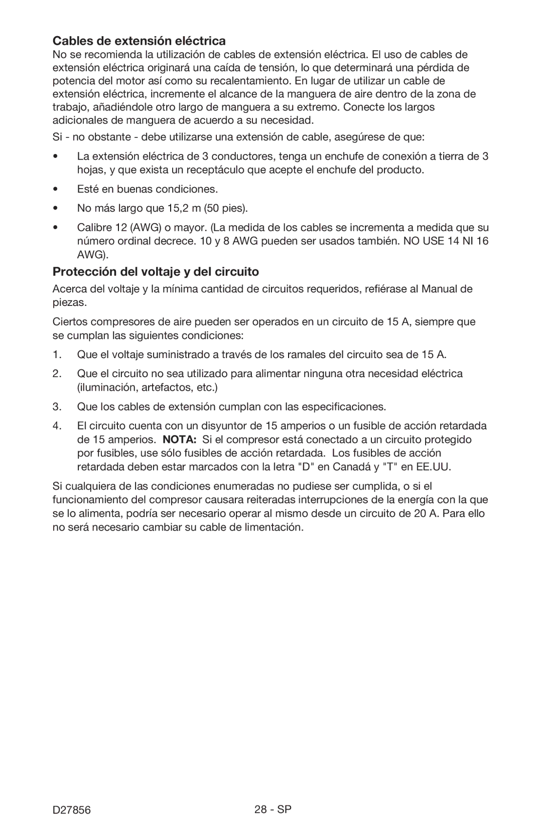 Porter-Cable CPFAC2600P instruction manual Cables de extensión eléctrica, Protección del voltaje y del circuito 