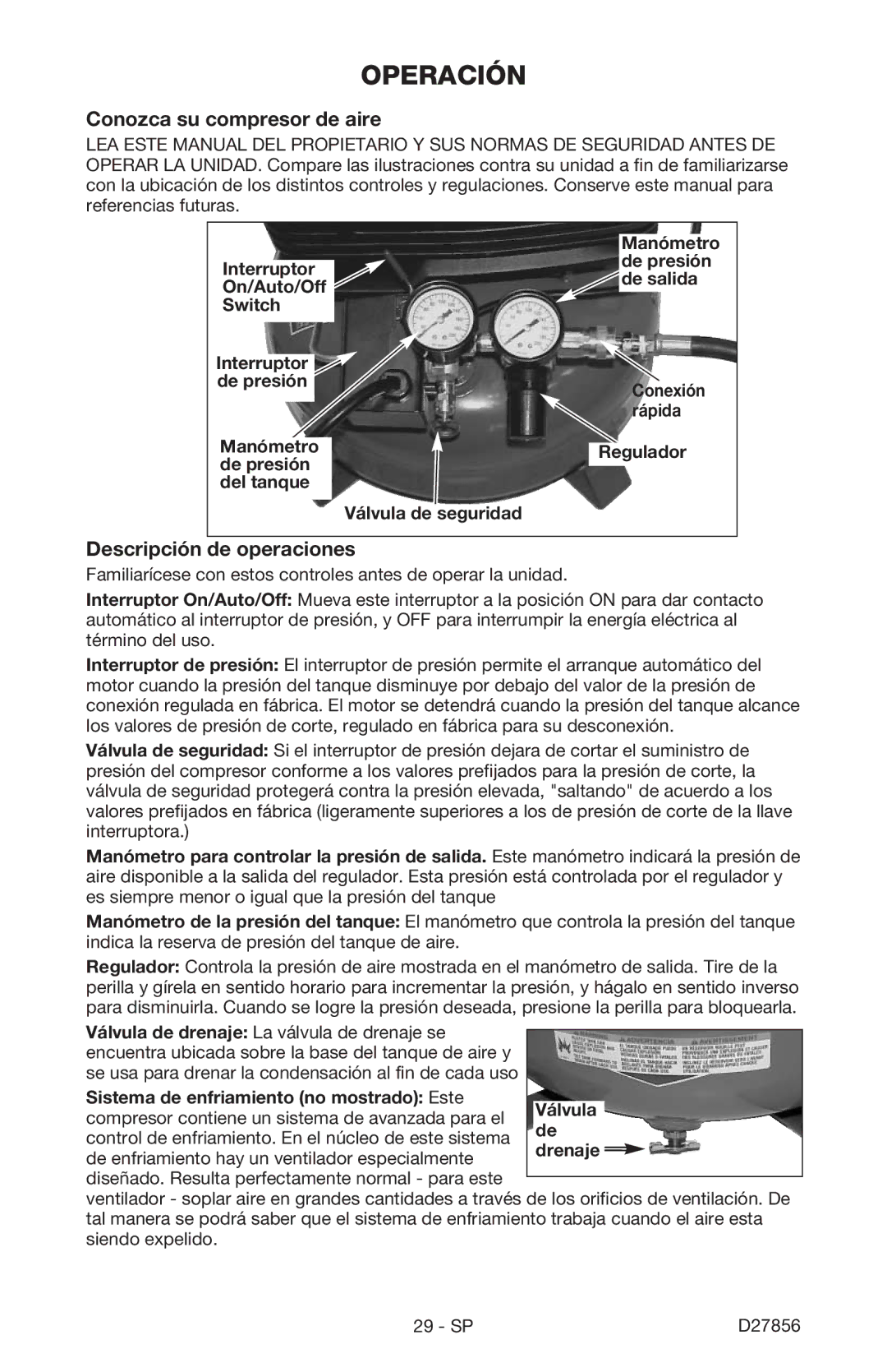 Porter-Cable CPFAC2600P instruction manual Operación, Conozca su compresor de aire, Descripción de operaciones 