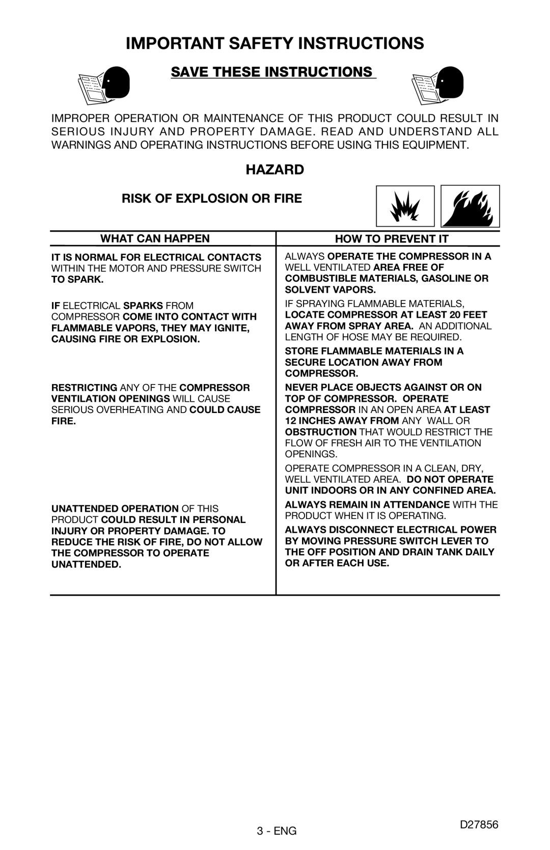 Porter-Cable CPFAC2600P instruction manual Hazard, Risk of Explosion or Fire, To Spark 