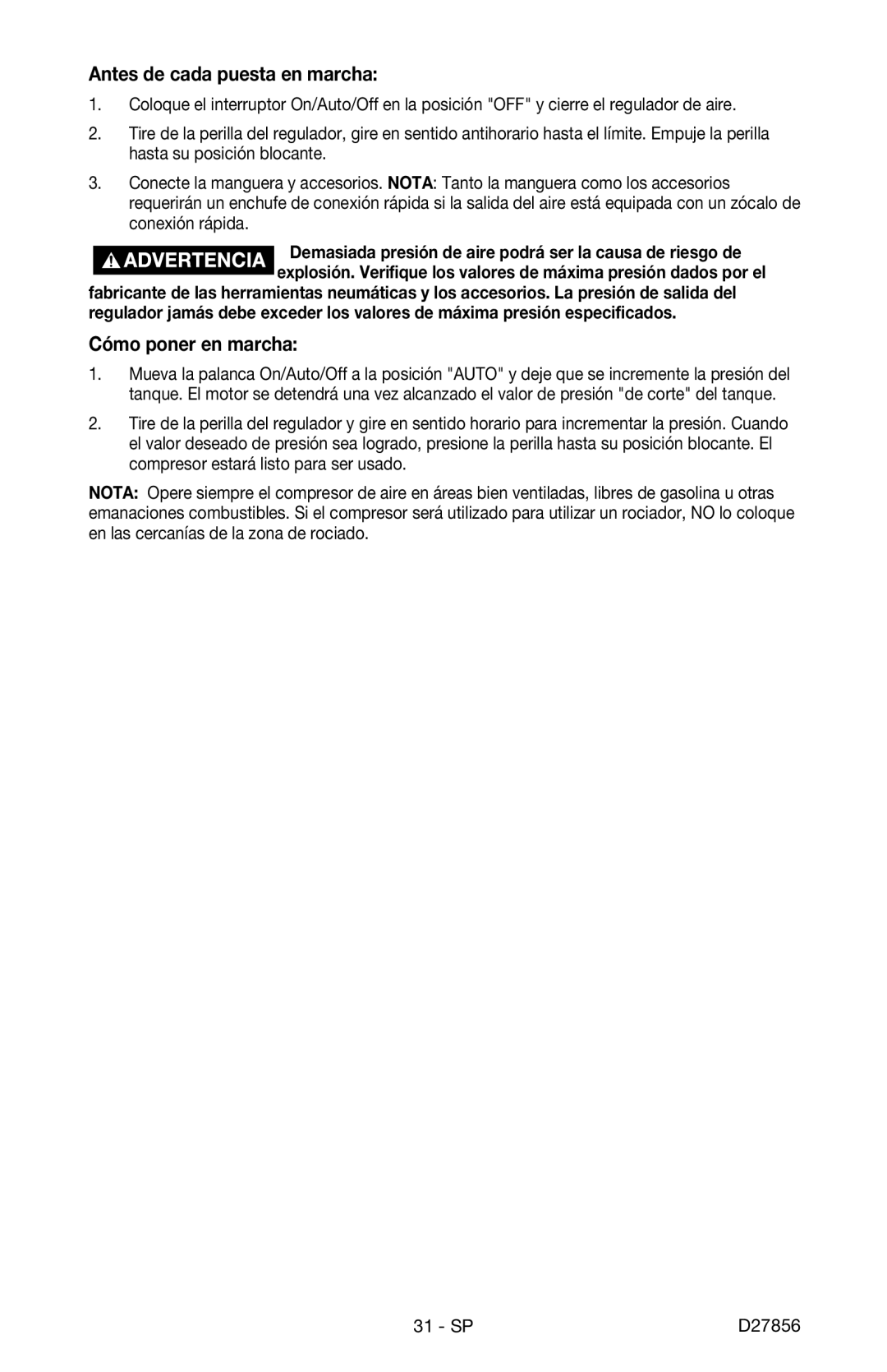 Porter-Cable CPFAC2600P instruction manual Antes de cada puesta en marcha, Cómo poner en marcha 