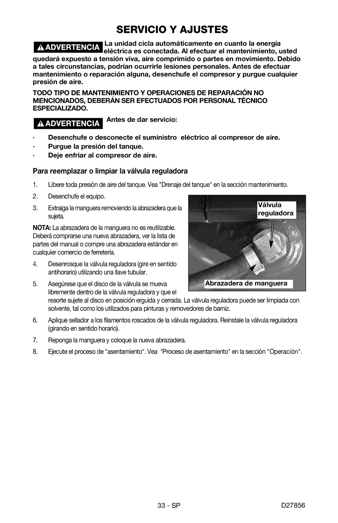 Porter-Cable CPFAC2600P instruction manual Servicio Y Ajustes, Para reemplazar o limpiar la válvula reguladora 