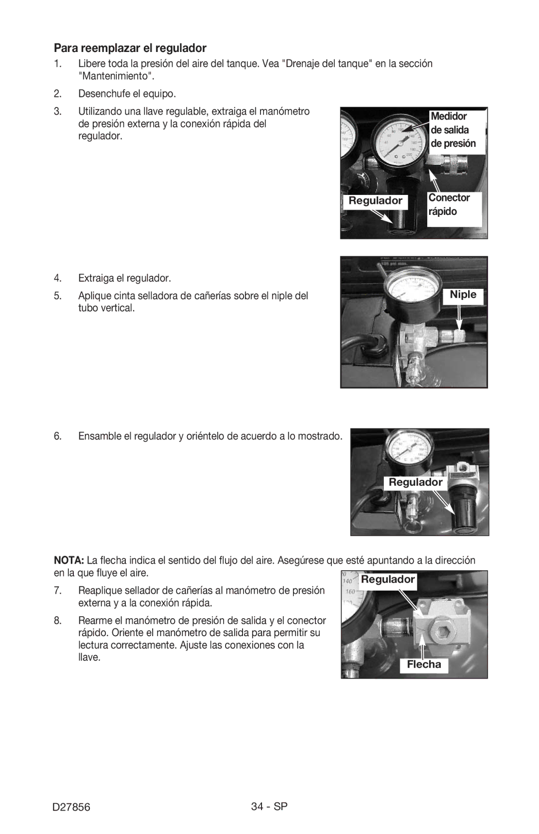 Porter-Cable CPFAC2600P instruction manual Para reemplazar el regulador, Regulador Conector rápido, Niple, Flecha 