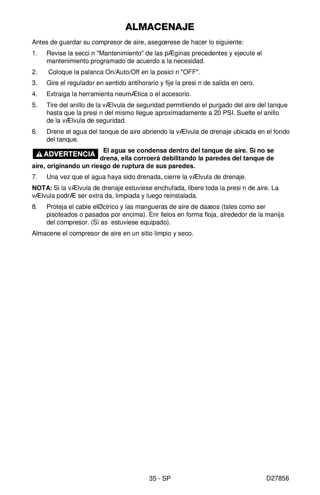 Porter-Cable CPFAC2600P instruction manual Almacenaje, Aire, originando un riesgo de ruptura de sus paredes 