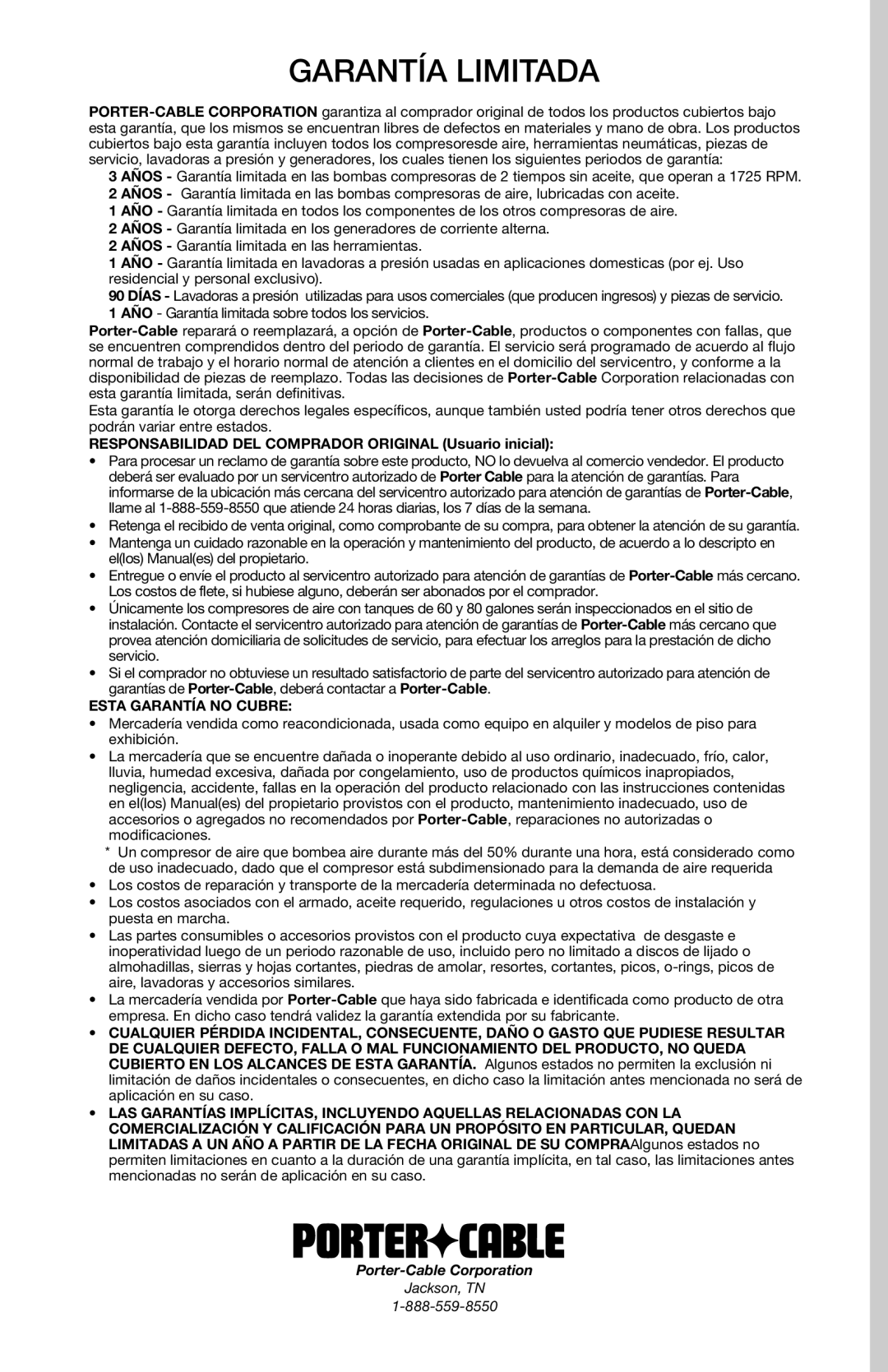 Porter-Cable CPFAC2600P instruction manual Garantía Limitada, Esta Garantía no Cubre 