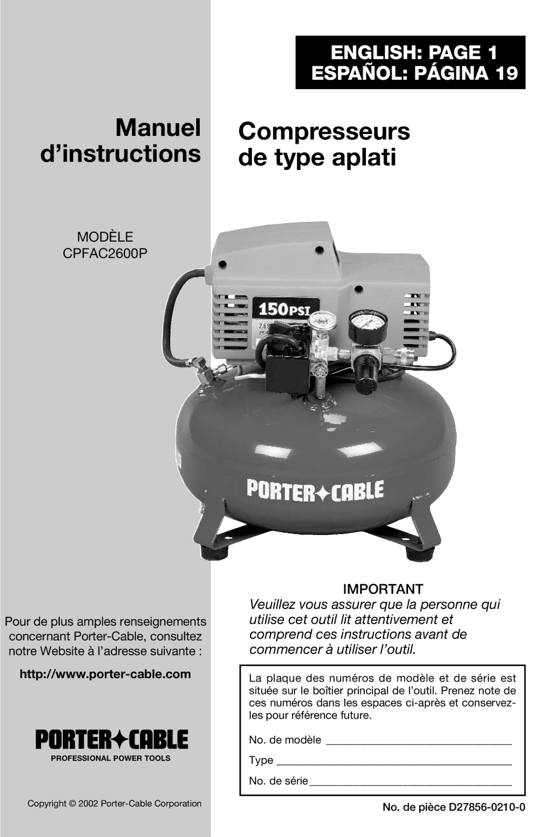 Porter-Cable CPFAC2600P instruction manual Manuel Compresseurs 