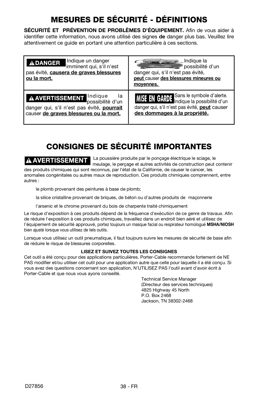 Porter-Cable CPFAC2600P Mesures DE Sécurité Définitions, Consignes DE Sécurité Importantes, Ou la mort, Moyennes 