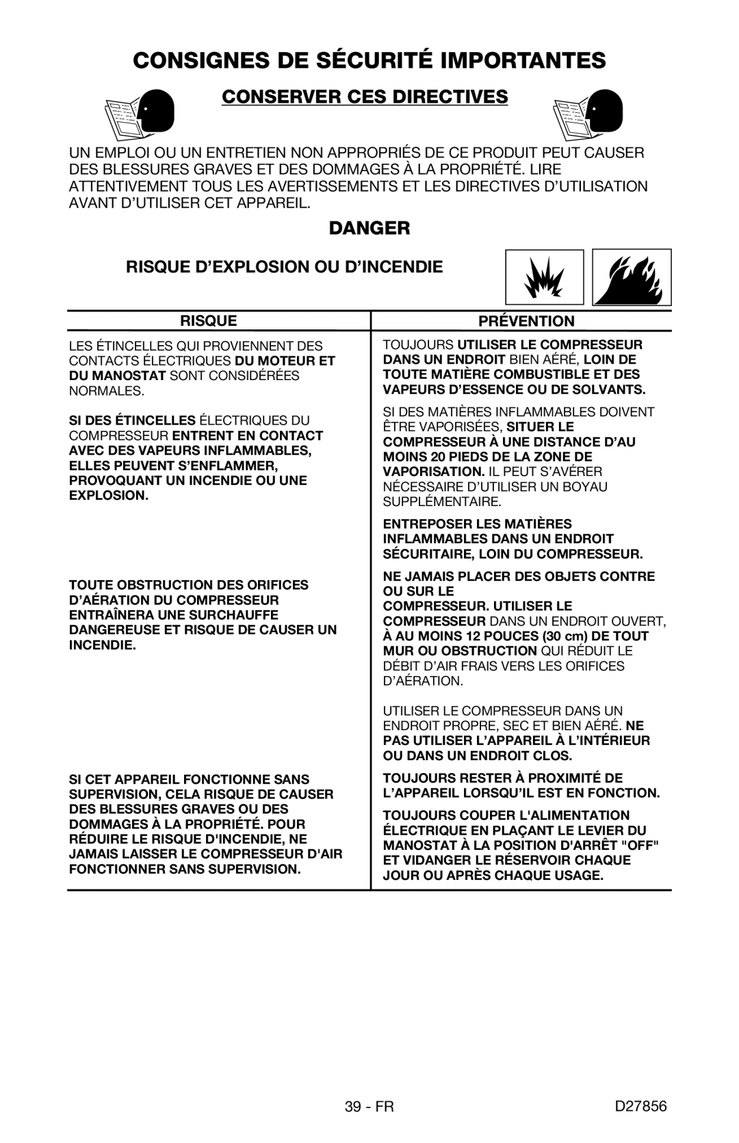 Porter-Cable CPFAC2600P instruction manual Conserver CES Directives, Risque D’EXPLOSION OU D’INCENDIE 