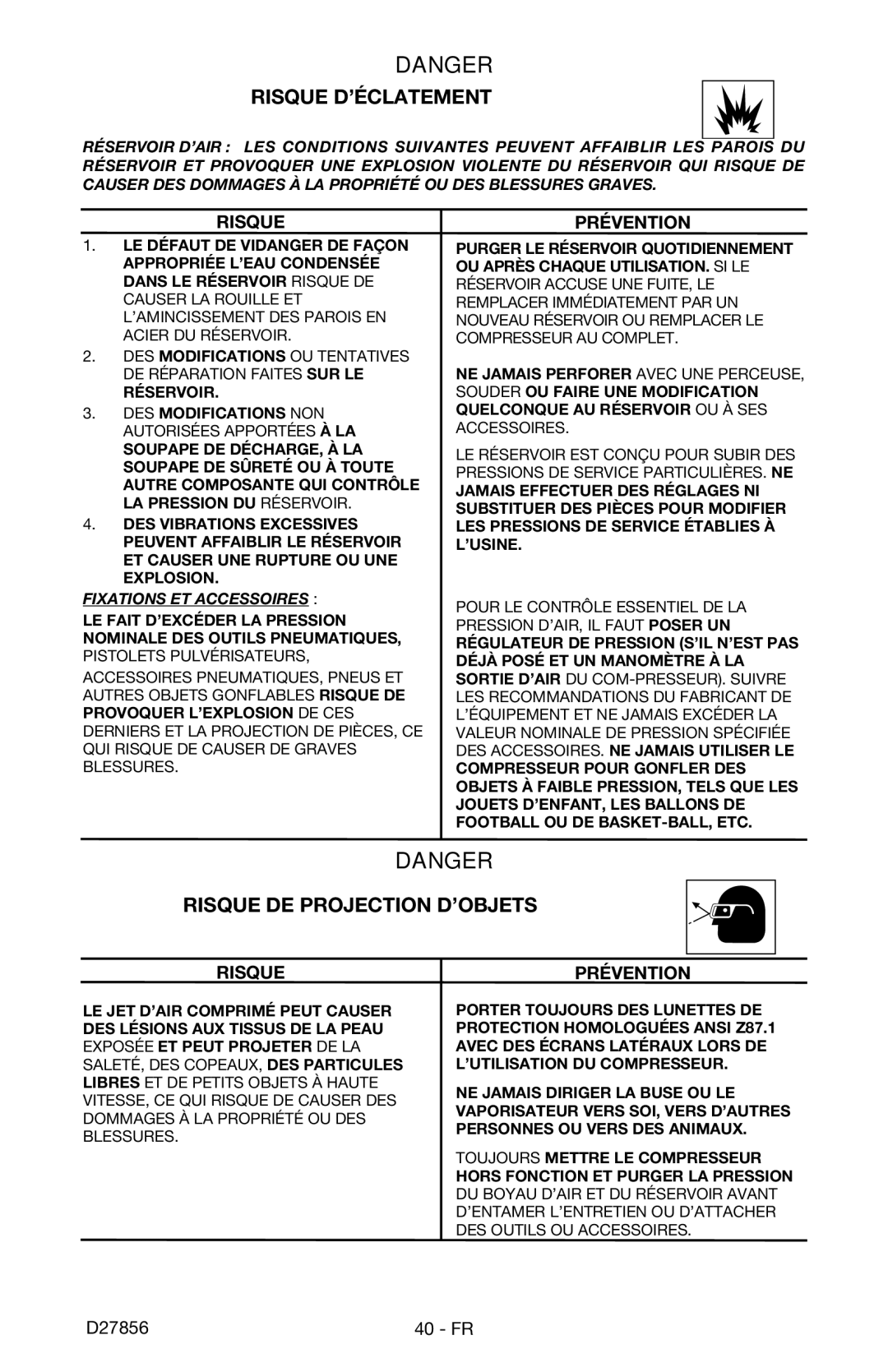 Porter-Cable CPFAC2600P instruction manual Risque D’ÉCLATEMENT, Risque DE Projection D’OBJETS 