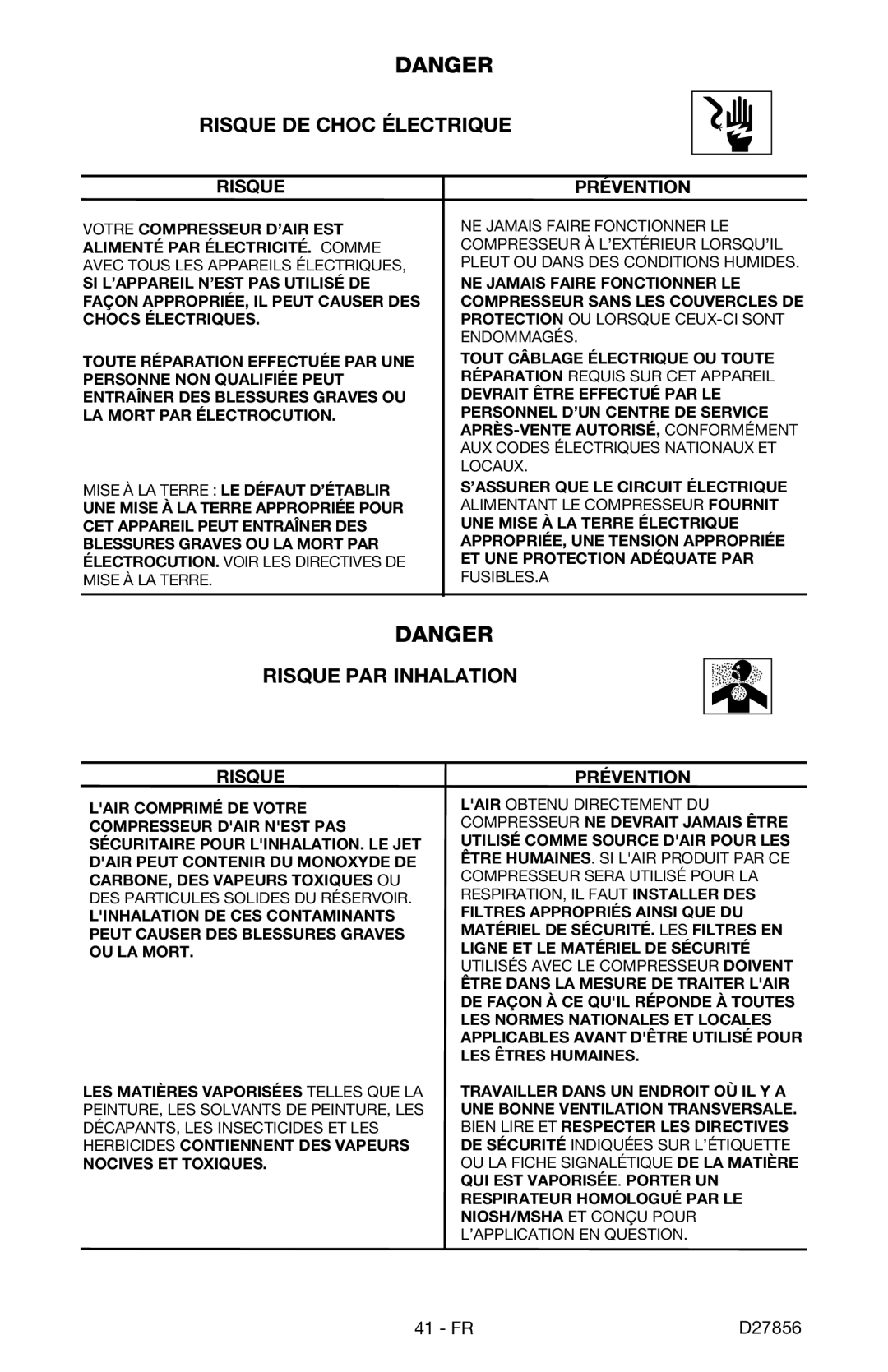 Porter-Cable CPFAC2600P instruction manual Risque DE Choc Électrique, Risque PAR Inhalation 