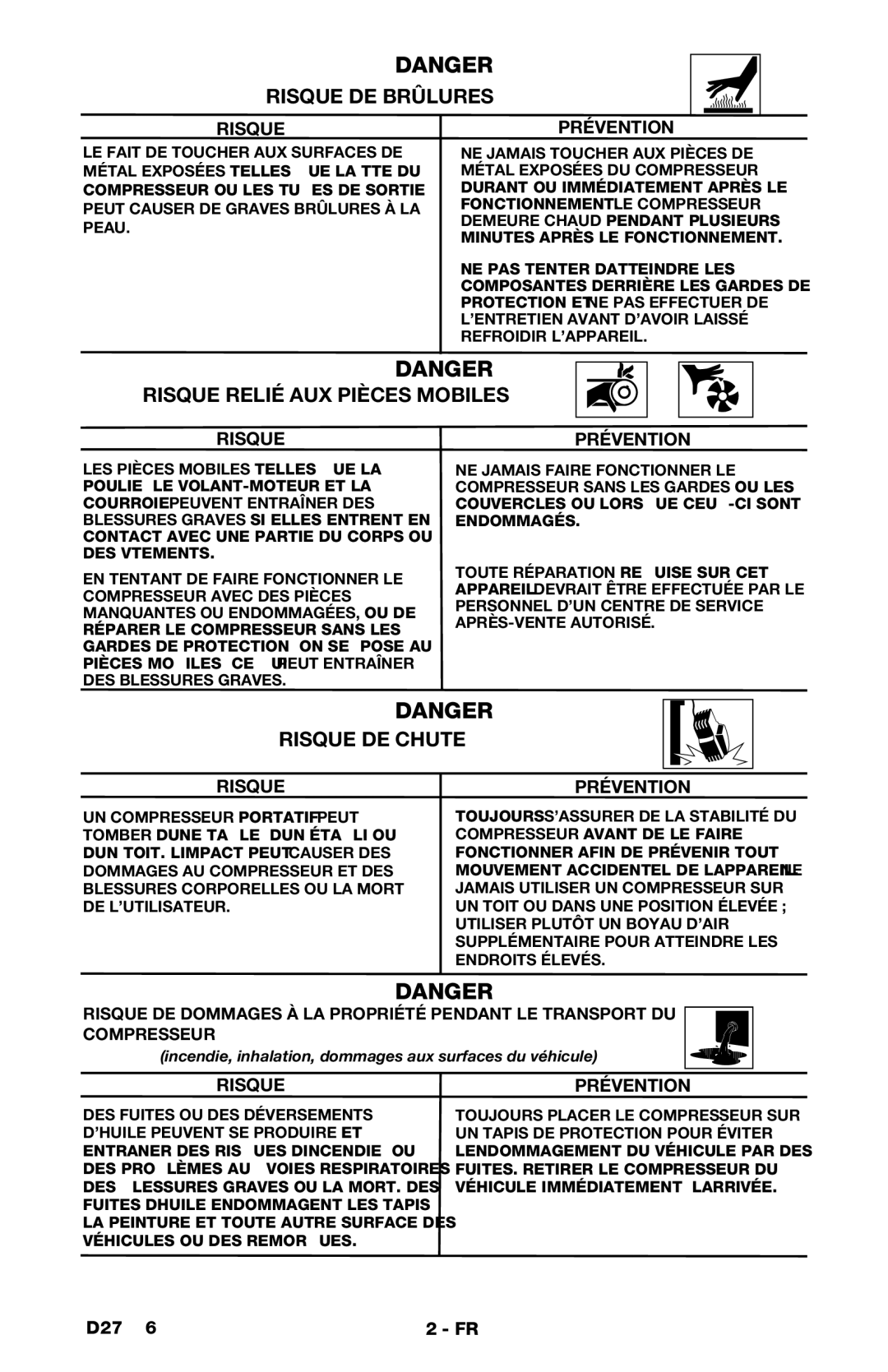 Porter-Cable CPFAC2600P instruction manual Risque DE Brûlures, Risque Relié AUX Pièces Mobiles, Risque DE Chute 